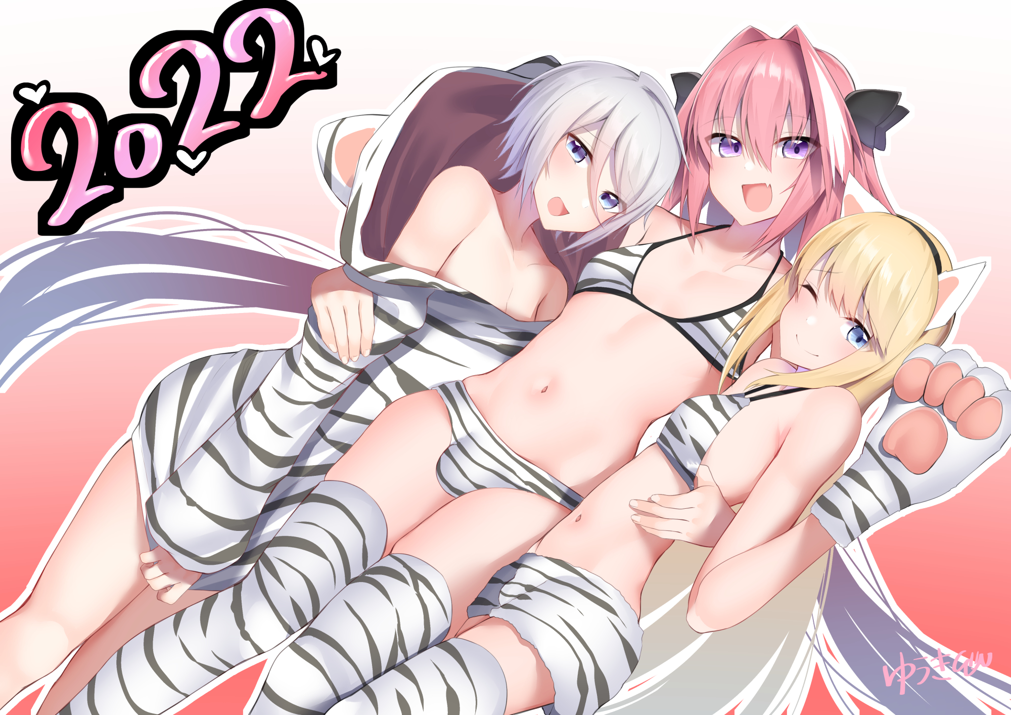 2022, 3boys, animal ears, astolfo (fate), bikini, blonde hair, bulge, chevalier d'eon (fate), eye contact, fate (series), fate/grand order, femboy, gao changgong (fate), girly, hair ribbon, happy new year, kitajima yuuki, looking at viewer, male, male only, otoko no ko, penis, penis bulge, pink hair, prince of lan ling (fate), silver hair, standing, thighhighs, thighs, trap, twintails