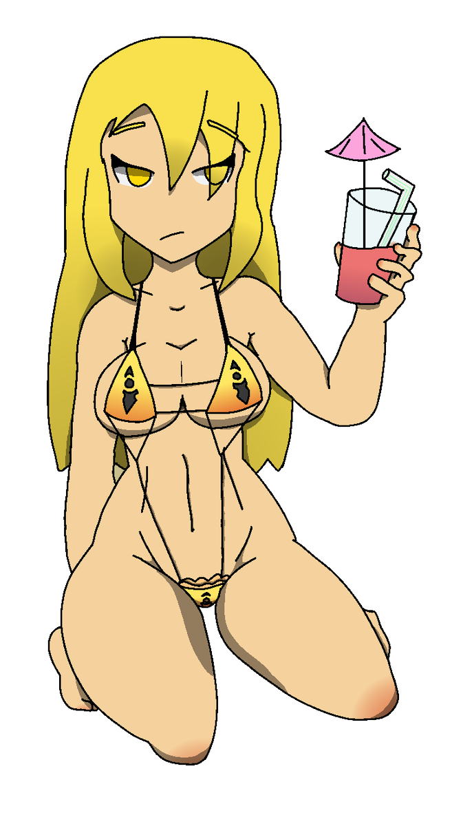 almost_naked big_ass big_breasts drink geoexe gwain_(gwain_saga) gwain_saga holding_cup holding_drink holding_object ineffective_clothing swimsuit thick_thighs thin_waist unhappy_female vulkinx wide_hips