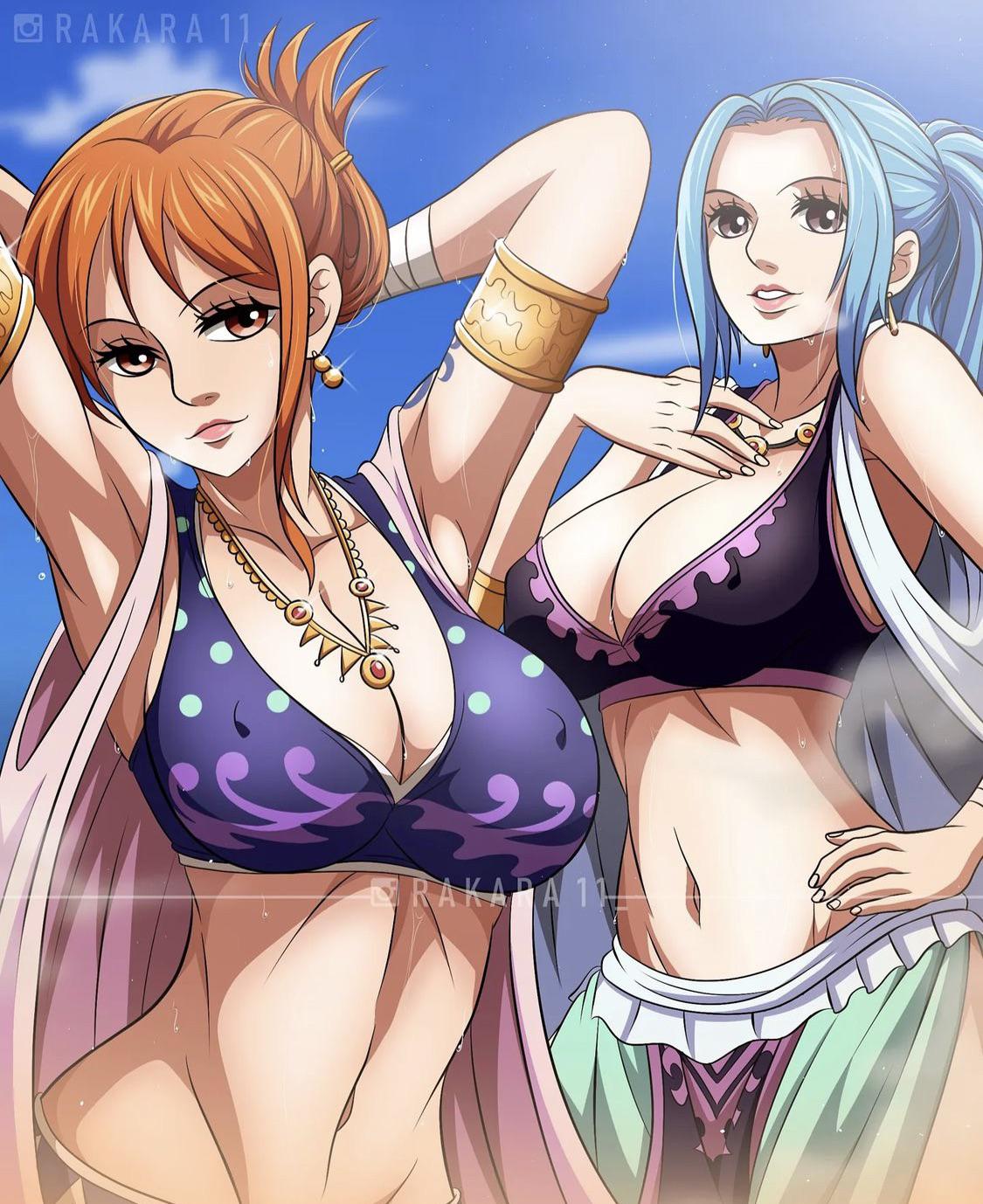 2girls alabasta arabasta_saga arabian_clothes arms_up belly belly_dancer belly_dancer_outfit big_breasts blue_hair blue_sky breasts brown_eyes curvy dress female female_only harem_outfit jewelry light-skinned_female long_hair midriff nami necklace nefertari_vivi nipple_bulge one_piece orange_hair pose pre-timeskip rakara11 seductive seductive_look short_hair voluptuous