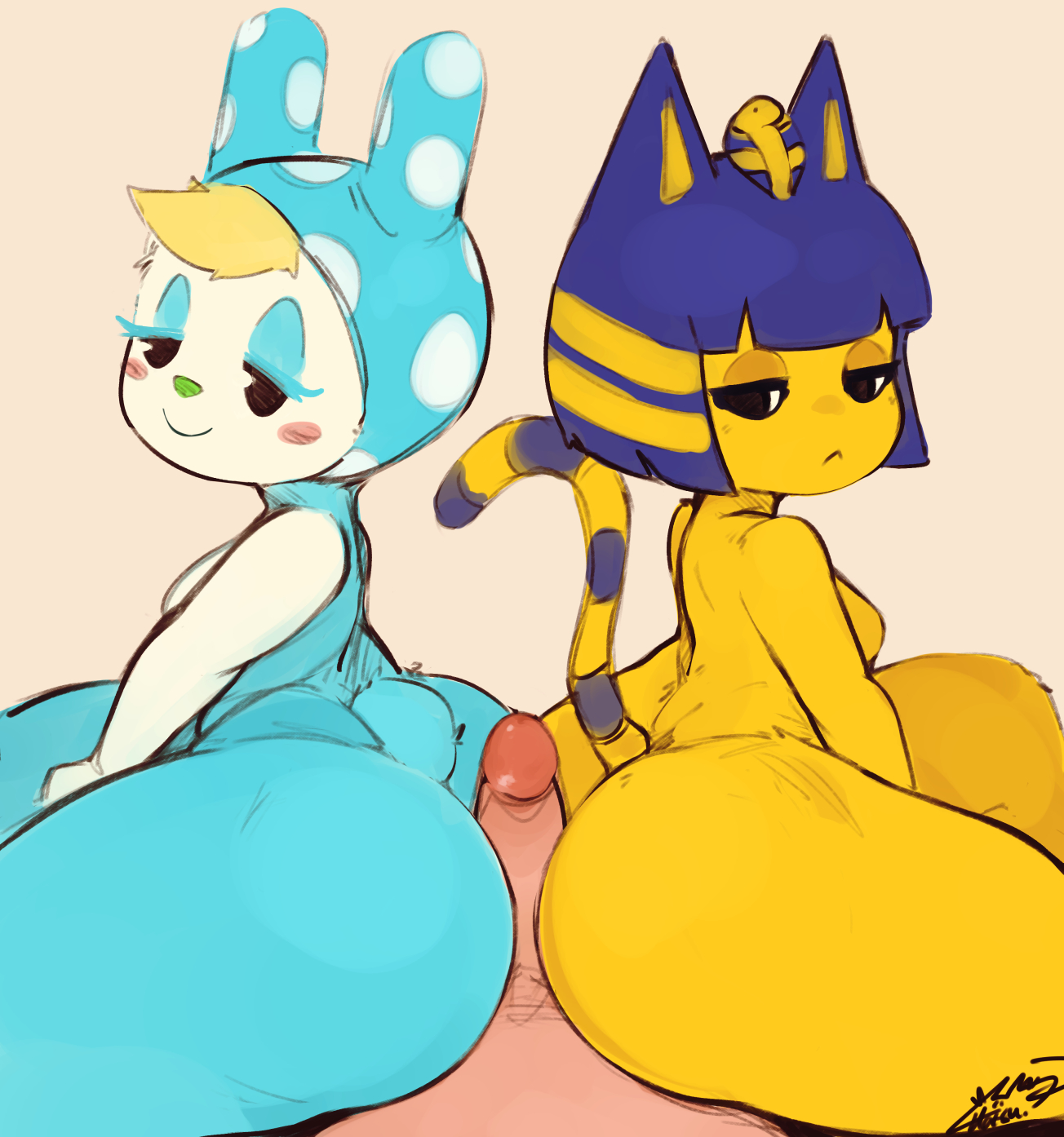 1boy, 2girls, animal crossing, animal ears, ankha, anthro, ass, assjob, big ass, blue hair, breasts, buttjob, double buttjob, female, francine (animal crossing), furry, half-closed eyes, hatsumiilkshake, hot dogging, huge ass, male, nintendo, penis, short hair, small breasts, smaller female, tail, thick thighs, threesome