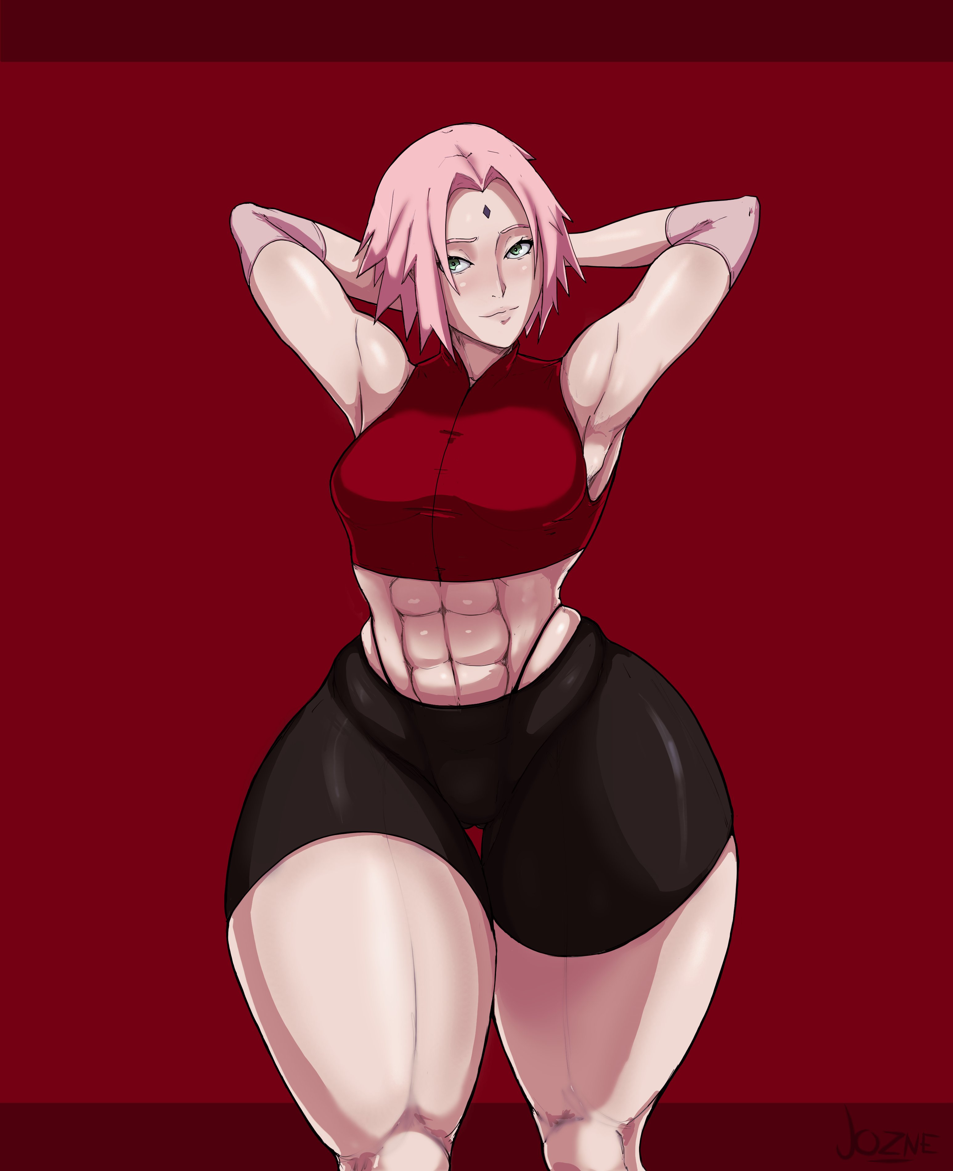1girls, abs, armpits, bike shorts, boruto: naruto next generations, cameltoe, clothed, clothing, curvy figure, eye contact, female, fully clothed, huge thighs, jozne, looking at viewer, milf, naruto, naruto (series), pink hair, pussy, sakura haruno, short hair, shorts, solo, spandex shorts, standing, thick thighs, thigh gap, thong, thunder thighs, wide hips