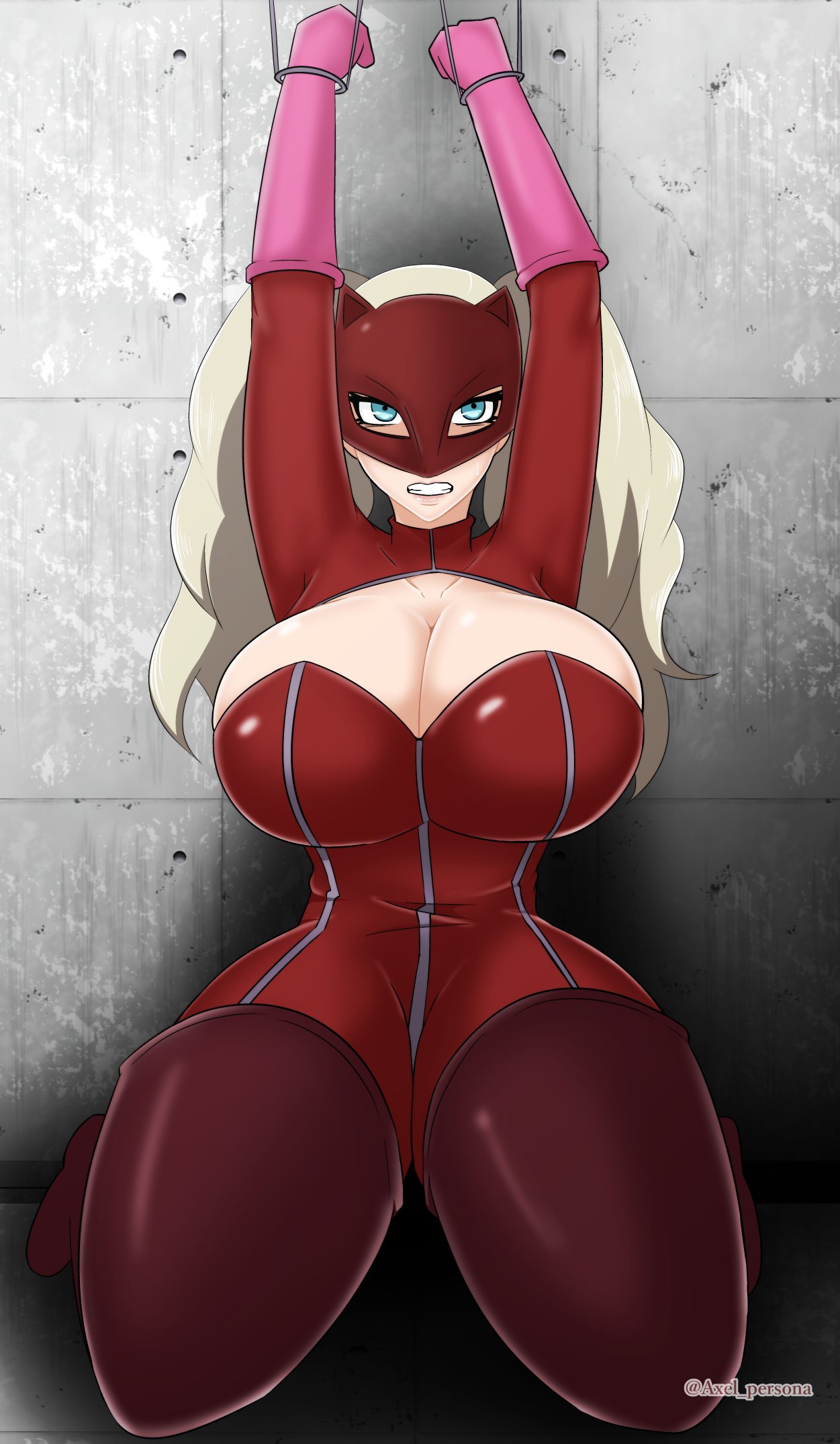 angry ann_takamaki atlus axel_persona big_breasts blonde_hair blue_eyes bodysuit captive captured looking_at_viewer persona persona_5 phantom_thief_suit restrained thick_thighs twintails