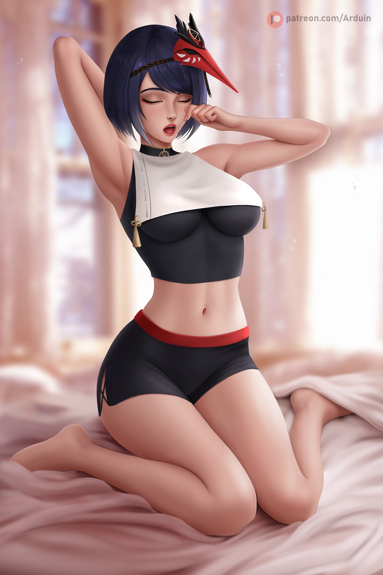 1girls, abs, absurd res, arduin (arduin art), arduina, arm behind head, armpits, arms up, bangs, belly button, big breasts, blush, breasts, closed eyes, clothed, clothing, detailed background, eyes closed, feet, female, genshin impact, hair ornament, hi res, highres, hips, huge breasts, knees together feet apart, kujou sara, large breasts, legs, midriff, mouth open, open mouth, purple hair, sheets, short hair, short shorts, shorts, sitting, slim waist, small waist, solo, thick, thick thighs, thighs, tight clothing, tongue, underwear, waist, wariza, wide hips, yawn
