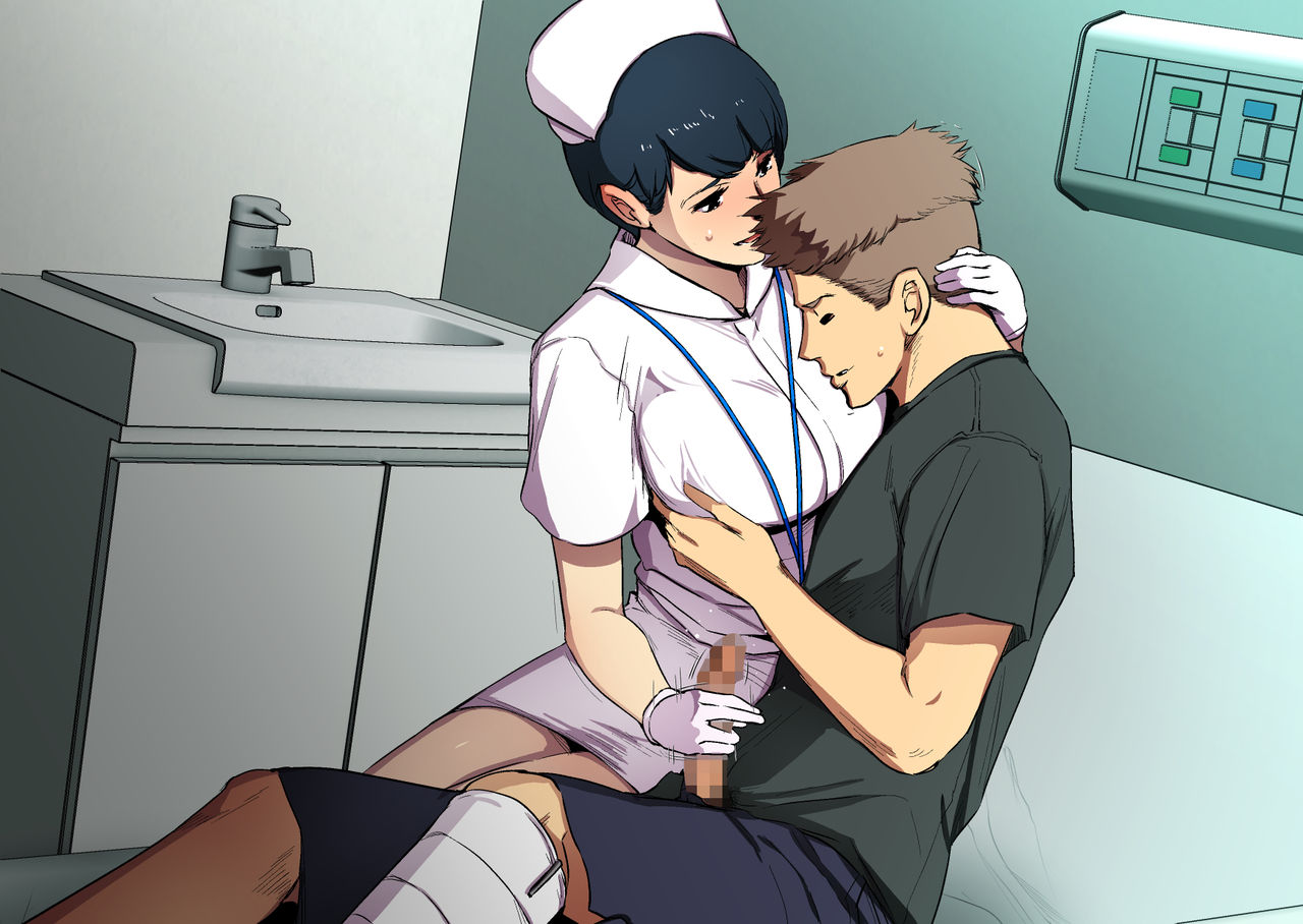 1boy, 1girls, age difference, black hair, breast grab, breasts, censored, censored pussy, cheating, cheating wife, female, gloves, grechko55, gureko rouman, handjob, happy, hospital, hugging, male, mature female, milf, nurse, nurse cap, nurse uniform, older female, older female and younger male, penis, pussy, short hair, younger male