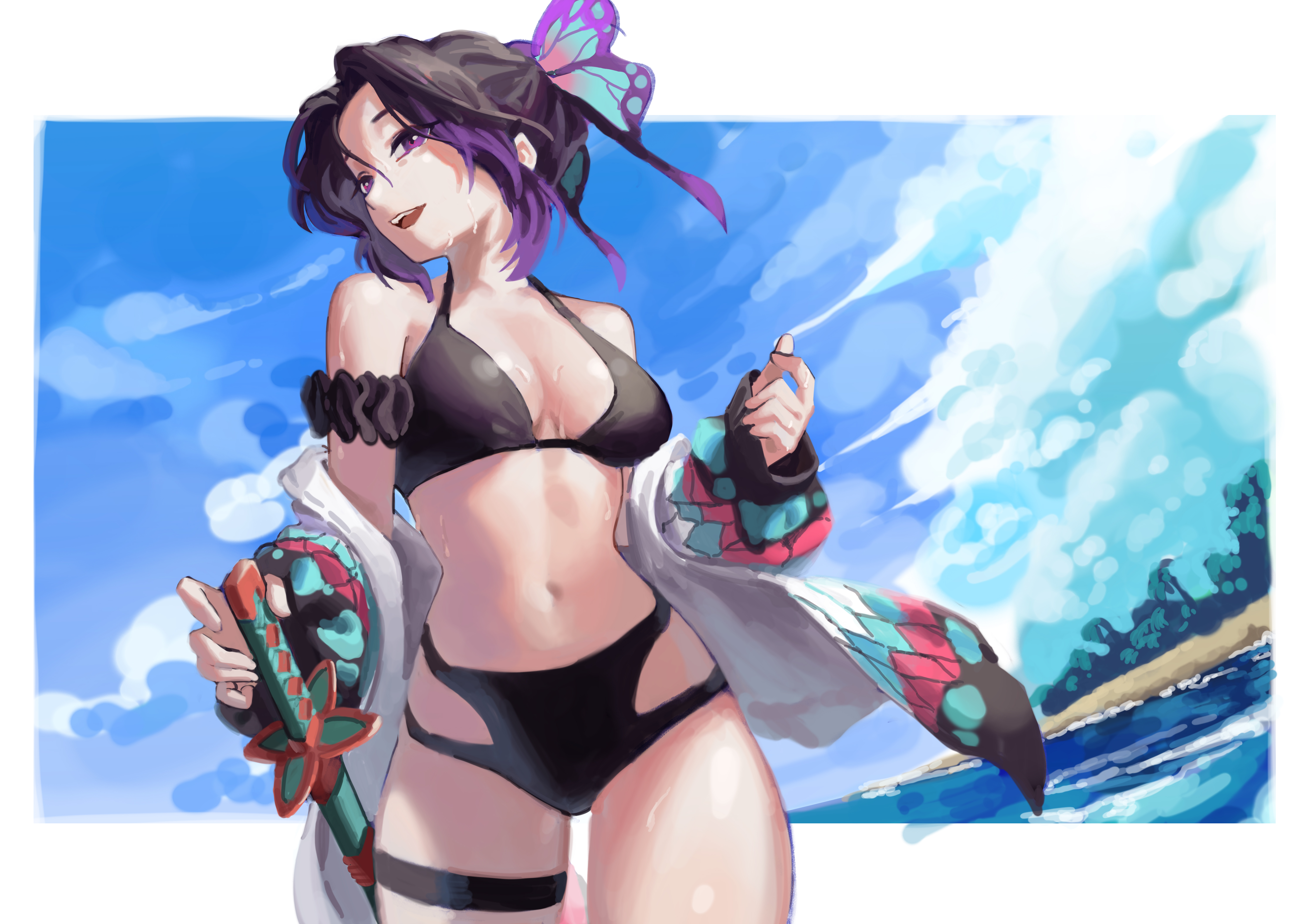 1girls, alternate costume, armband, beach, bikini, black bikini, black hair, breasts, butterfly hair ornament, cleavage, demon slayer, detailed background, female, female only, hi res, hoodie, katana, kimetsu no yaiba, kochou shinobu, medium breasts, mone (artist), off shoulder, open jacket, outside, purple eyes, purple hair, purple-haired female, smile, solo, swimsuit, sword, thick thighs, thigh strap, two-tone hair, wet, wide hips