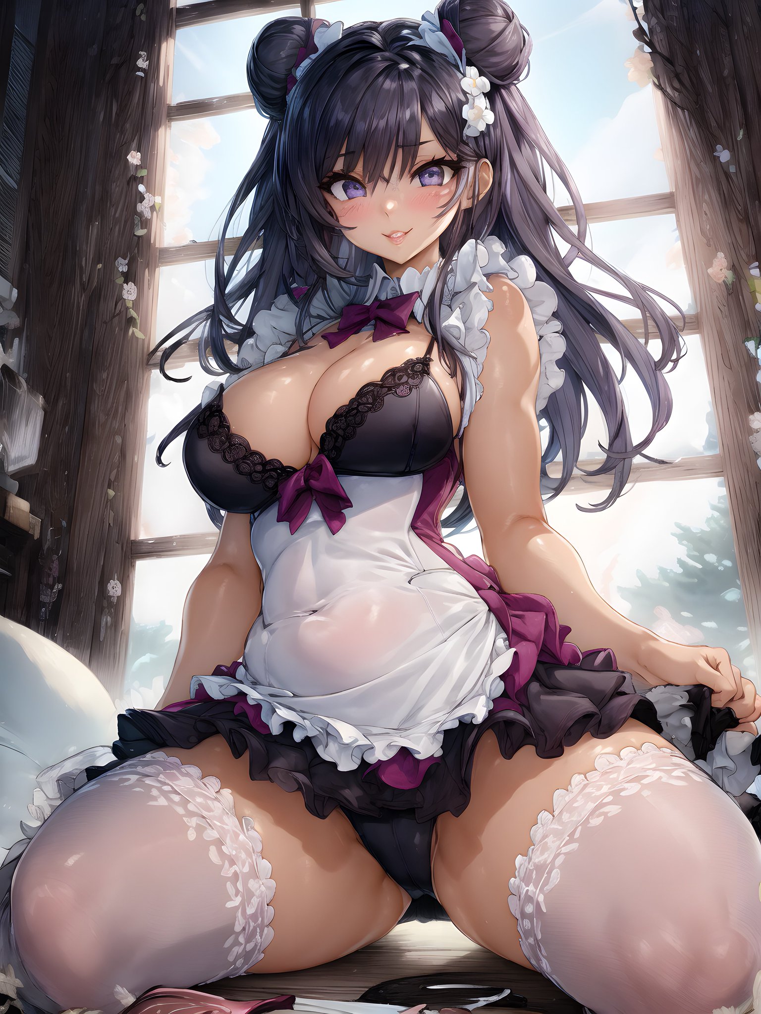 2023, ai generated, big breasts, breasts, curvy figure, female, female focus, female only, hair bun, long hair, maid, maid apron, maid outfit, maid uniform, seductive look, stable diffusion, twintails, voluptuous female, white stockings