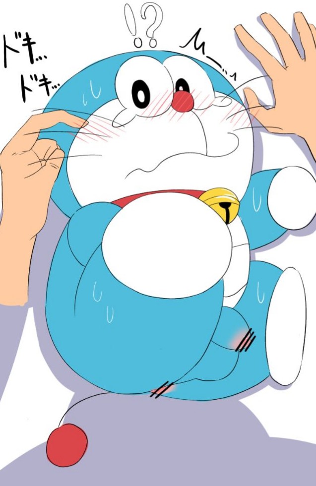 2boys adorable ashamed balls blue_body blue_skin blush censored cute cute_face doraemon doraemon_(character) feet feline jingle_bell male male_only males_only multimuti nervous nervous_face penis red_collar red_nose red_tail robot robot_cat testicles white_feet white_hands