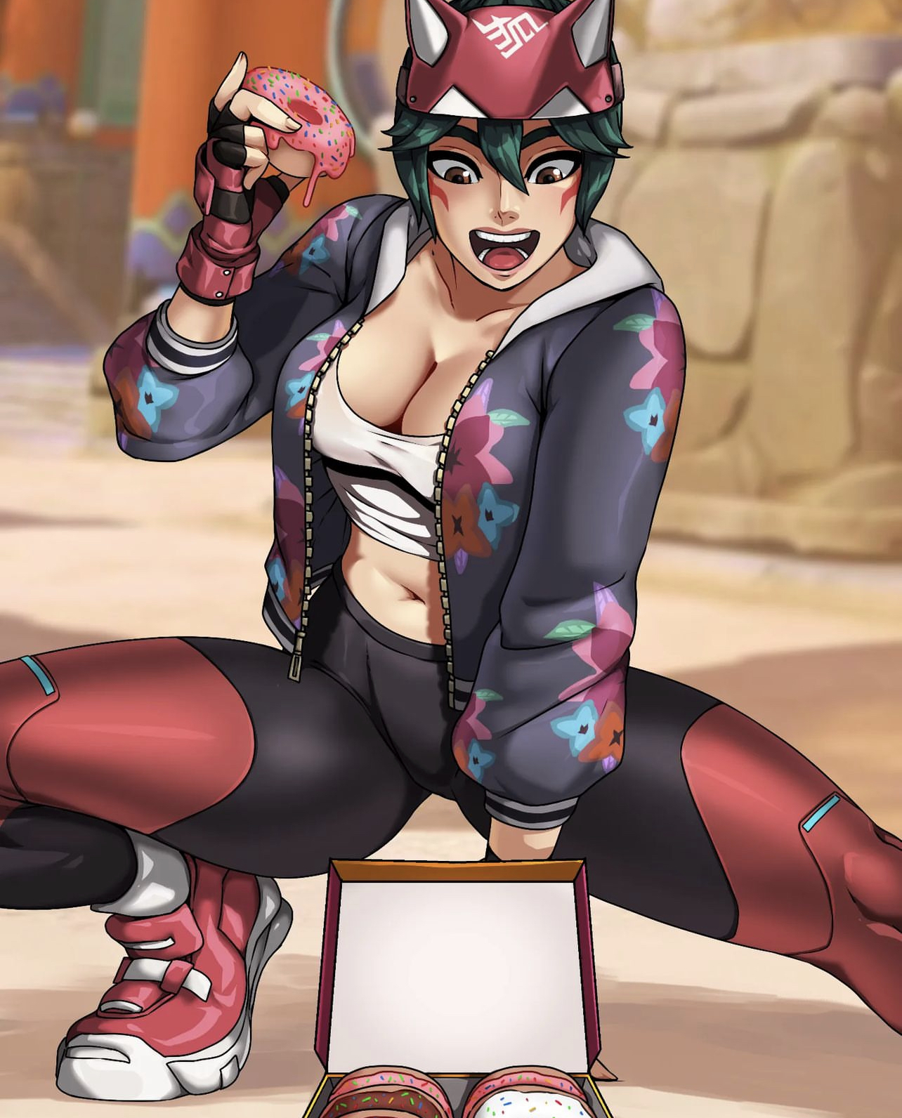 2d, blizzard entertainment, breasts, donuts, female, kiriko (overwatch), kyoffie, overwatch, overwatch 2
