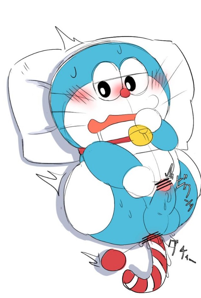 adorable anal anal_sex ashamed balls blue_body blue_skin blush caramel cute cute_face doraemon doraemon_(character) feet feline jingle_bell male male_only multimuti nervous nervous_face penis red_collar red_nose red_tail robot robot_cat solo solo_male testicles white_feet white_hands