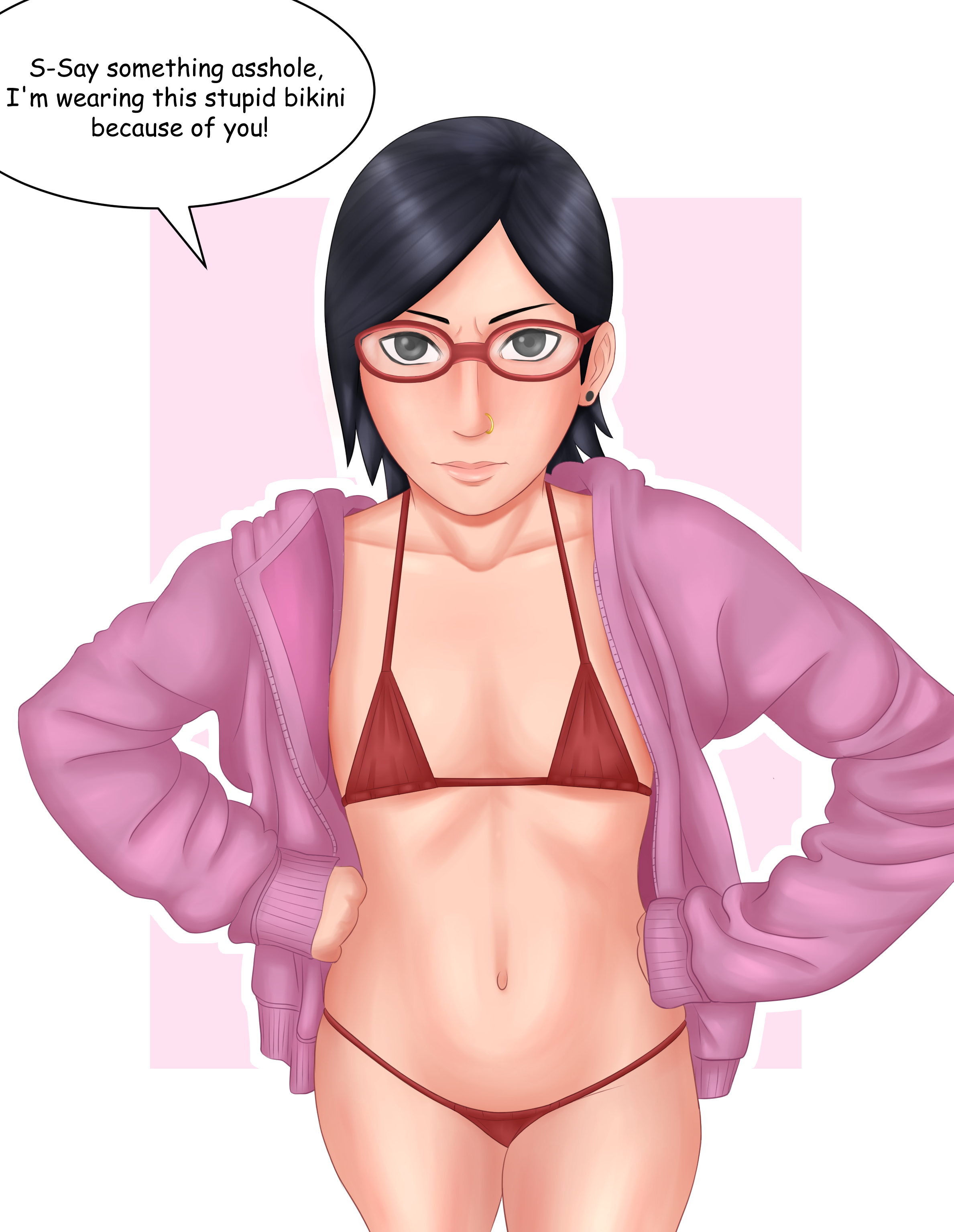 1girls, 9thdoug, bikini, black eyes, black hair, boruto: naruto next generations, breasts, collarbone, female, female only, flat chest, glasses, hoodie, jacket, light skin, light-skinned female, long hair, looking at viewer, matching hair/eyes, midriff, naruto, naruto (series), pettanko, pinup, red bikini, red-framed glasses, sarada uchiha, shiny, shiny hair, shiny skin, skindentation, small bikini, small breasts, solo, solo focus, speech bubble, swimsuit, talking, talking to viewer, text