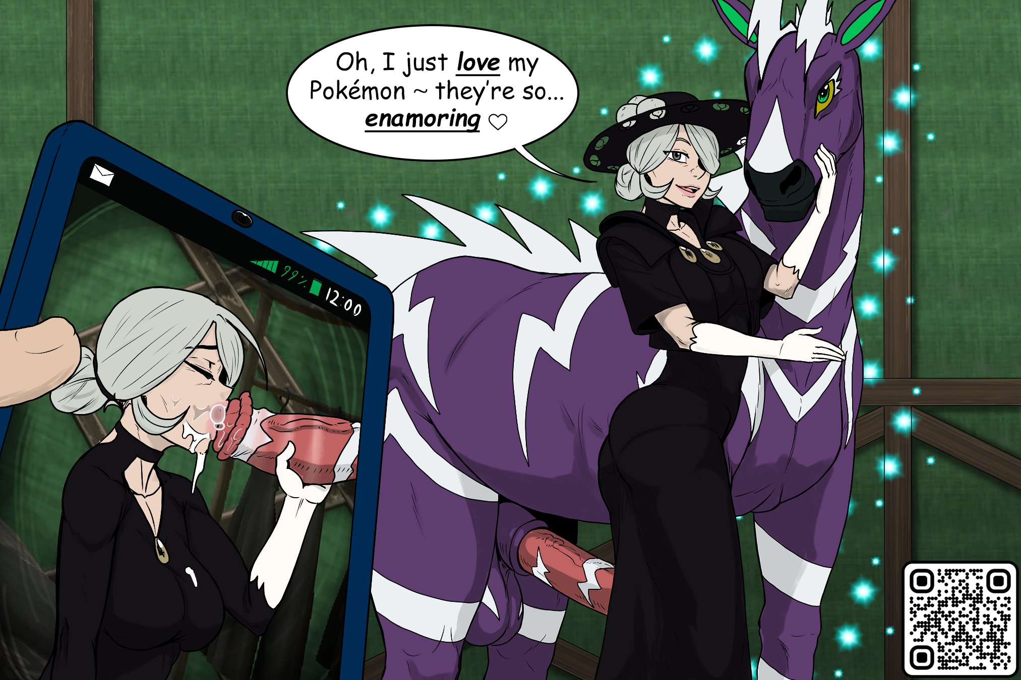 1animal, 1girls, animal genitalia, animal penis, bestiality, blowjob, breasts, cellphone, cogita (pokemon), colored, cum on breasts, cum on face, dialogue, dress, english text, fellatio, female, female human/male feral, feral, goth, grey hair, horse, horse penis, horsecock, human, interspecies, juxtaposition, kiahl, lobsterkiahl, male, male pokemon/female human, mature female, nintendo, older female, oral, penis, photo, pokemon, pokemon (species), pokemon bw, pokemon legends: arceus, pokephilia, risenhentaidemon, shiny pokemon, text, video recording, zebstrika, zoophilia