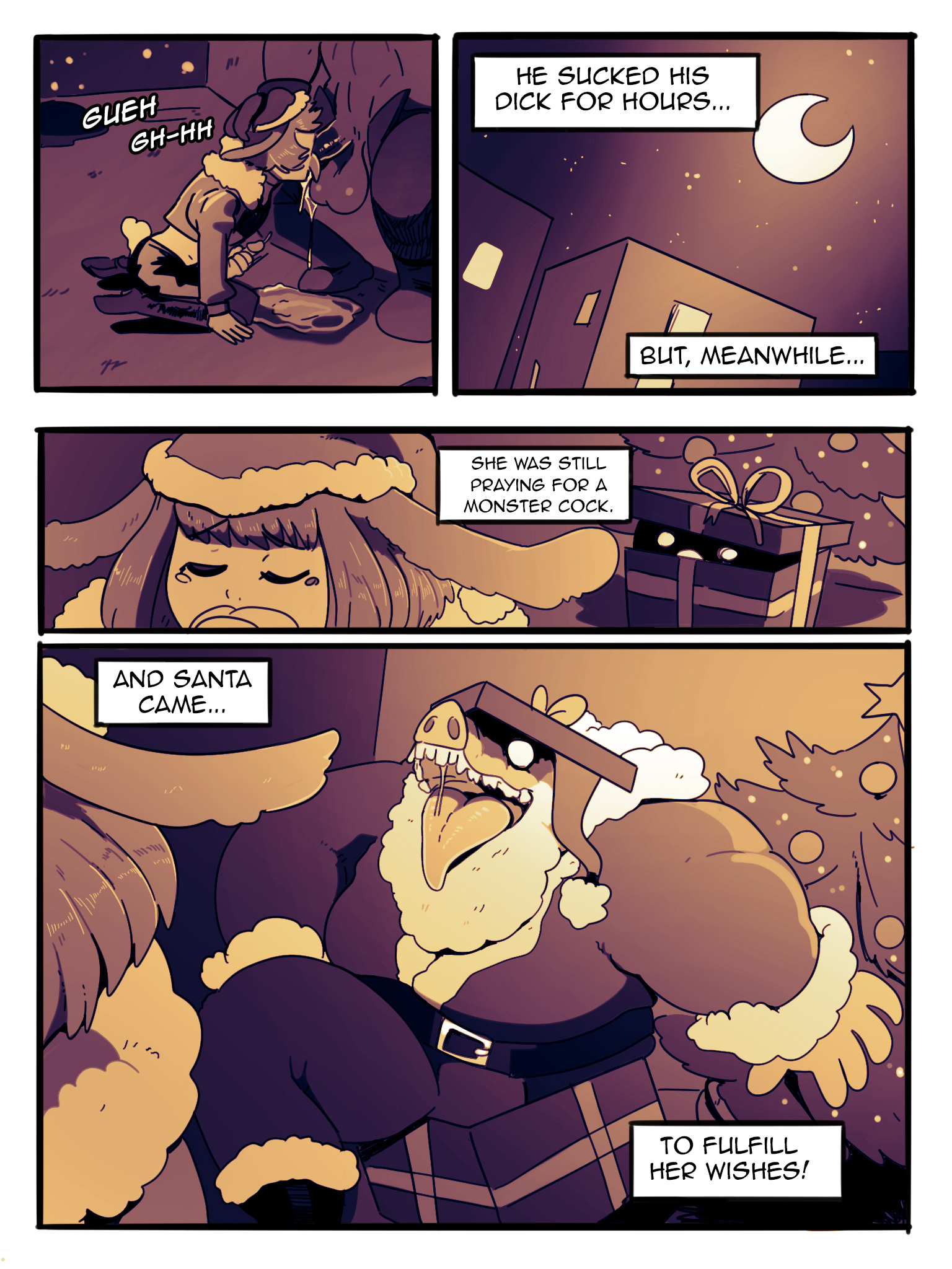 2021, 2boys, anthro, balls, christmas, comic, deepthroat, dialogue, fellatio, gay, huge cock, male, oral, original, original character, penis, santa hat, sunny (wolfgang bang), text, tommy (wolfgang bang), wolfgang bang, yaoi
