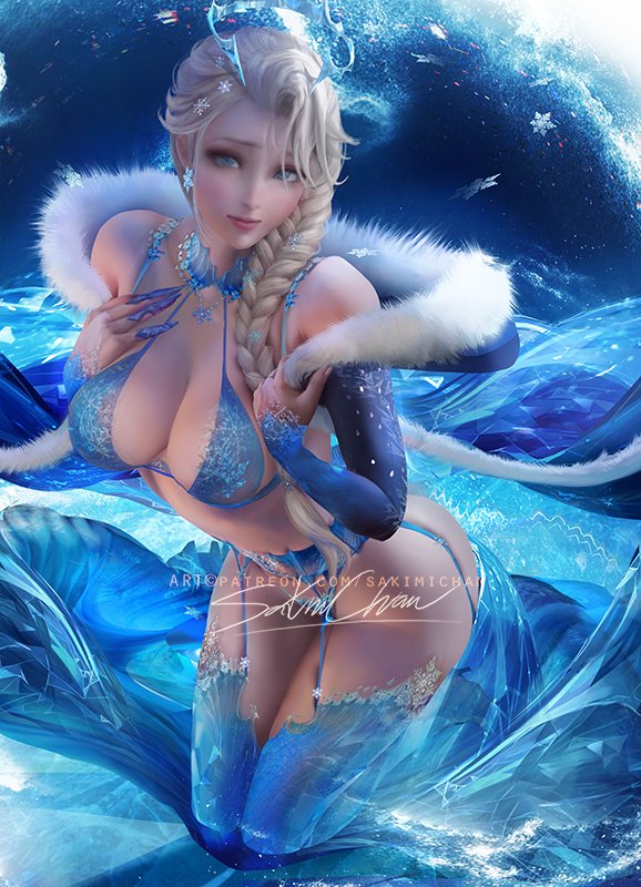 1girls, 2021, big breasts, breasts, disney, elsa (frozen), female, frozen (film), large breasts, sakimichan, snow, snowflake