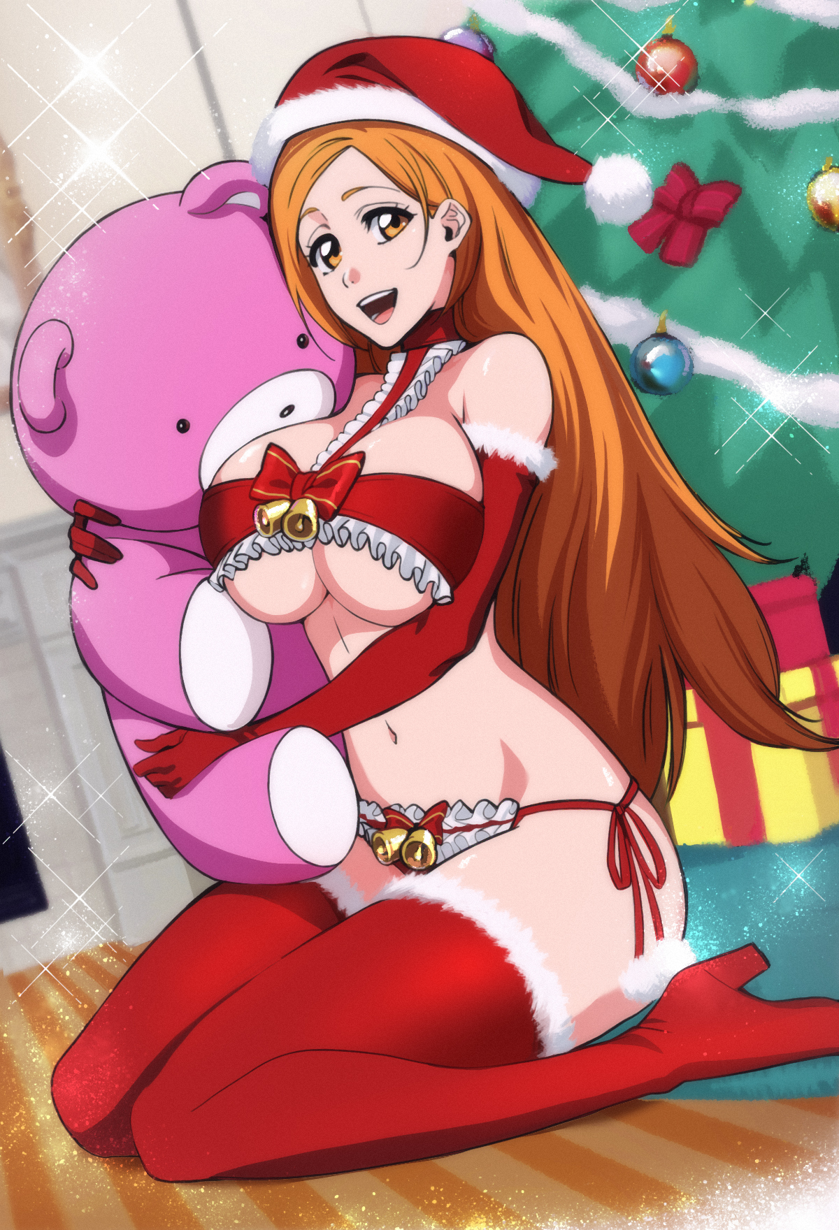 1girls, almost naked, barely clothed, barely contained, bell, big breasts, bikini, bleach, bow, breasts, brown eyes, christmas, christmas tree, curvy, female, female only, high heel boots, high heels, inoue orihime, kneeling, light skin, light-skinned female, long hair, looking at viewer, midriff, orange hair, plushie, rozuberry, sexy santa, smile, solo, thick thighs, thighhighs, voluptuous