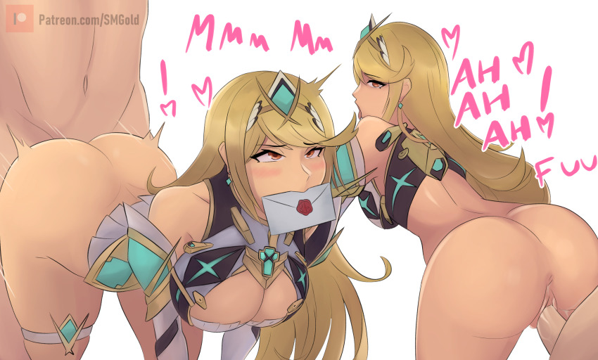 1boy 1girls ambiguous_penetration ass blonde_hair blush boob_window cleavage doggy_style female heart moaning mythra nintendo smash_invitation smgold super_smash_bros. super_smash_bros._ultimate tagme text tiara vaginal_penetration white_background xenoblade_(series) xenoblade_chronicles_2