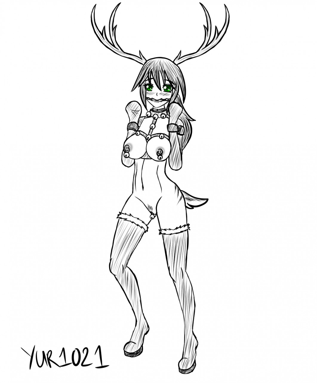 bell blush bondage bondage_gear bondage_outfit christmas collar doodle female gag horn human minako mouth_gag pierced_clitoris pierced_nipples piercing ponygirl reindeer reindeer_antlers reindeer_costume