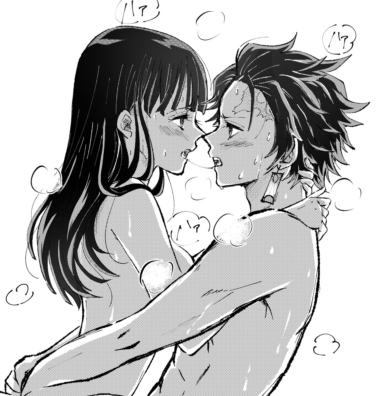 1boy, 1girls, blush, breasts, couple, cowgirl position, demon slayer, drooling, female, hands behind head, hands on ass, implied sex, kamado tanjirou, kimetsu no yaiba, kissing, male, monochrome, panting, passionate, riding, sweat, tsuyuri kanao