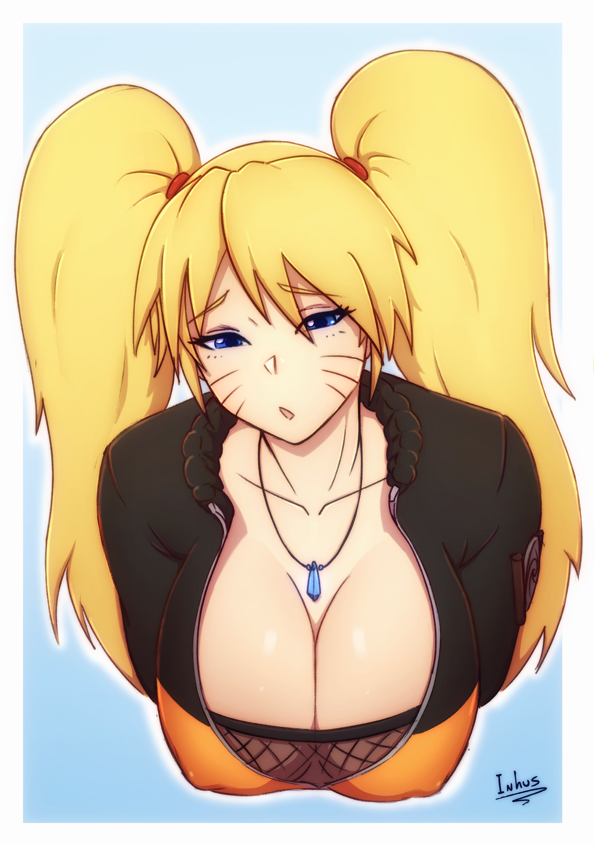 1girls, alternate breast size, big breasts, blonde hair, blue eyes, breasts, busty, cleavage, erect nipples, erect nipples under clothes, facial markings, female, female only, fishnet, fishnet shirt, fishnets, gender transformation, genderswap, genderswap (mtf), half-closed eyes, human, inhus, jacket, jewelry, large breasts, light skin, light-skinned female, narrowed eyes, naruko, naruto, naruto (series), naruto shippuden, necklace, nipple bulge, nipples, parted lips, pinup, presenting breasts, rule 63, sexy no jutsu, shounen jump, solo, tied hair, transformation, twintails, uzumaki naruto, very long hair, voluptuous, whisker markings, whiskers, yellow hair