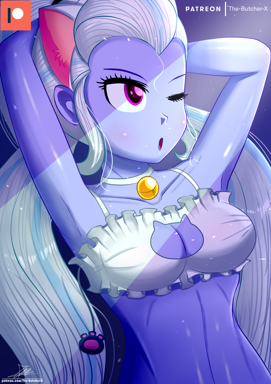 1girls armpits arms_behind_head blush bra breasts cat_bell cat_ears cat_keyhole_bra cat_lingerie choker cleavage cleavage_cutout collar equestria_girls female female_only friendship_is_magic hasbro hi_res highres lingerie my_little_pony one_eye_closed open_mouth patreon patreon_logo signature solo solo_female sugarcoat sweat the-butch-x twintails wink