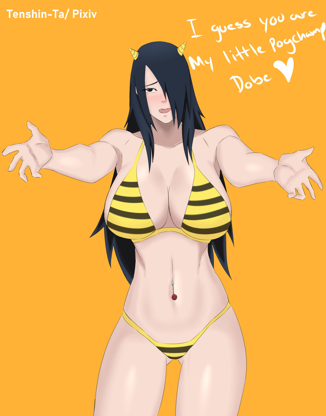 1girls, abs, alternate version available, armpits, arms out, ass visible through thighs, bare arms, bare shoulders, belly, belly button, belly piercing, big breasts, bikini, bikini bottom, bikini top, black eyes, black hair, blush, boruto: naruto next generations, breasts, busty, cleavage, clothed, clothing, curvaceous, curvy, curvy figure, cute, devil horns, dialogue, english text, fake horns, fangs, female, female only, gender transformation, genderswap, genderswap (mtf), hair over one eye, horns, hourglass figure, jewelry, large breasts, light skin, light-skinned female, long hair, looking at viewer, male, male pov, mature, mature female, milf, my little pogchamp (meme), naruto, naruto (series), naruto shippuden, naruto: the last, navel, navel piercing, open mouth, pale skin, pale-skinned female, panties, pierced belly button, piercing, piercings, pose, posing, pov, reaching towards viewer, rule 63, ruler, sasuke uchiha, sasuko, shounen jump, sideboob, simple background, solo, standing, striped bikini, striped panties, swimsuit, tenshin-ta, text, thick thighs, thighs, thong, transformation, voluptuous, wide hips, yellow bikini, yellow panties, yellow thong