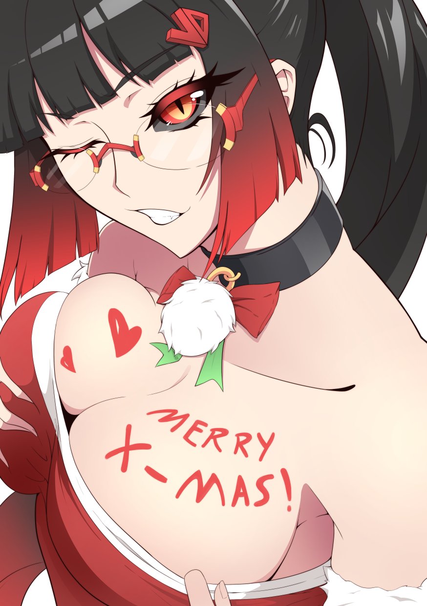 1girls 2021 arc_system_works blazblue choker christmas cleavage female female_only glasses grin large_breasts litchi_faye_ling red_eyes solo vermillion_dice