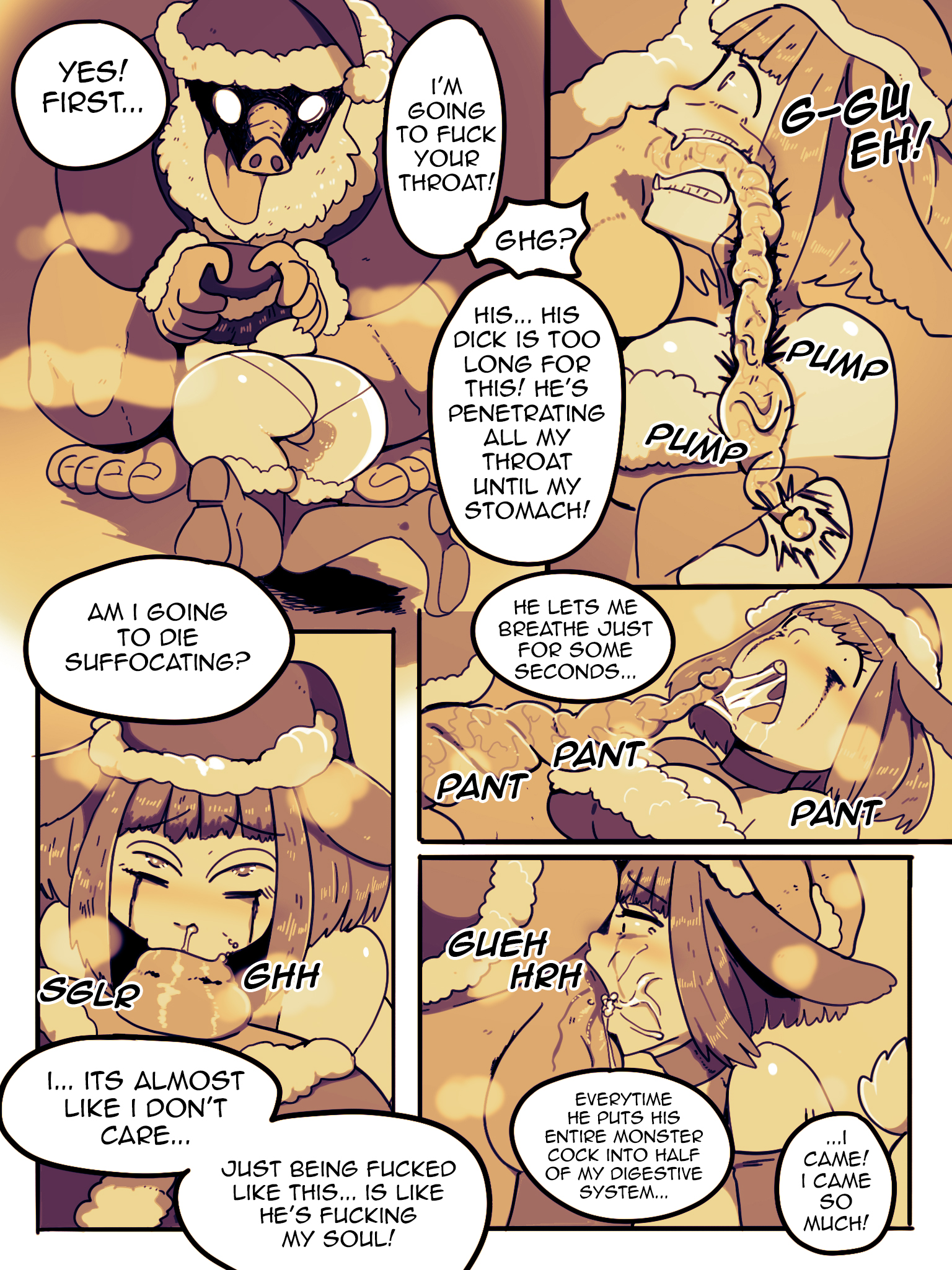 1boy, 1girls, 2021, animal penis, anthro, balls, balls deep, blush, christmas, comic, cucked by beast, cum, cum in mouth, cum inside, cum out nose, deepthroat, dialogue, eye contact, fellatio, female, feral pov, huge cock, irrumatio, looking at viewer, male, male pov, mascara tears, netorare, oral, original, original character, penis, pig penis, porcine, porcine penis, pov, runny makeup, santa hat, suid, suina, suine, sunny (wolfgang bang), sus (pig), text, wolfgang bang, x-ray, zoophilia