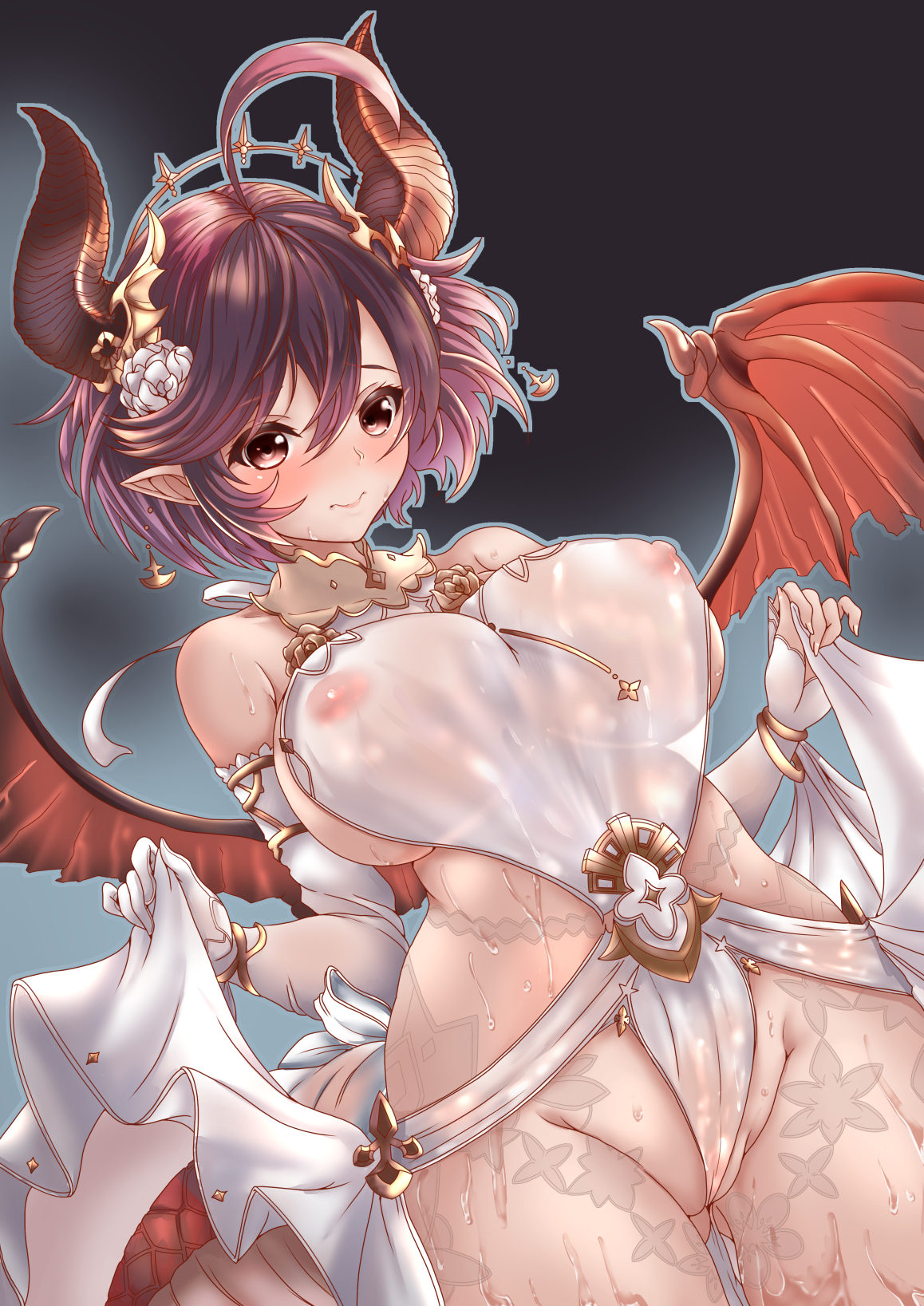 ahoge, bare shoulders, blush, breasts, cameltoe, clothes lift, commission, covered nipples, curvy, dragon girl, dragon horns, dragon tail, dragon wings, dress, dress lift, embarrassed, female, fingerless gloves, gloves, granblue fantasy, grea (shingeki no bahamut), hair between eyes, highres, horns, kuga zankurou, large breasts, lifted by self, narrow waist, nipples, no bra, no panties, pointy ears, pussy, red eyes, red hair, see-through, shingeki no bahamut, short hair, skeb commission, solo, tail, wedgie, wet, wet clothes, wet dress, white dress, wings