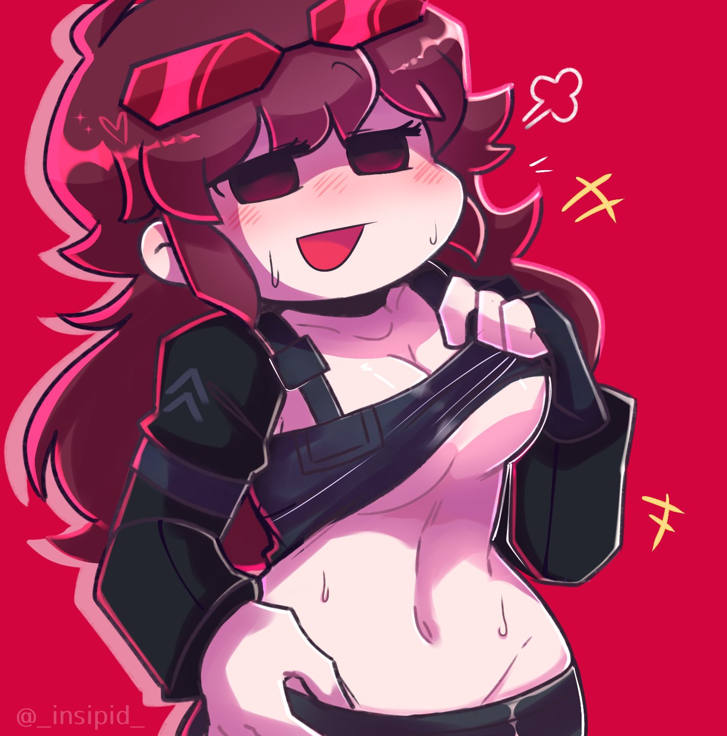 agent gf (friday night funkin), alternate costume, blush, breasts, brown hair, female, friday night funkin, girlfriend (friday night funkin), incident:012f, insipid, looking at viewer, navel, shirt, shirt lift, simple background, smile, standing, sunglasses, sunglasses on head, sweat, tagme, underboob