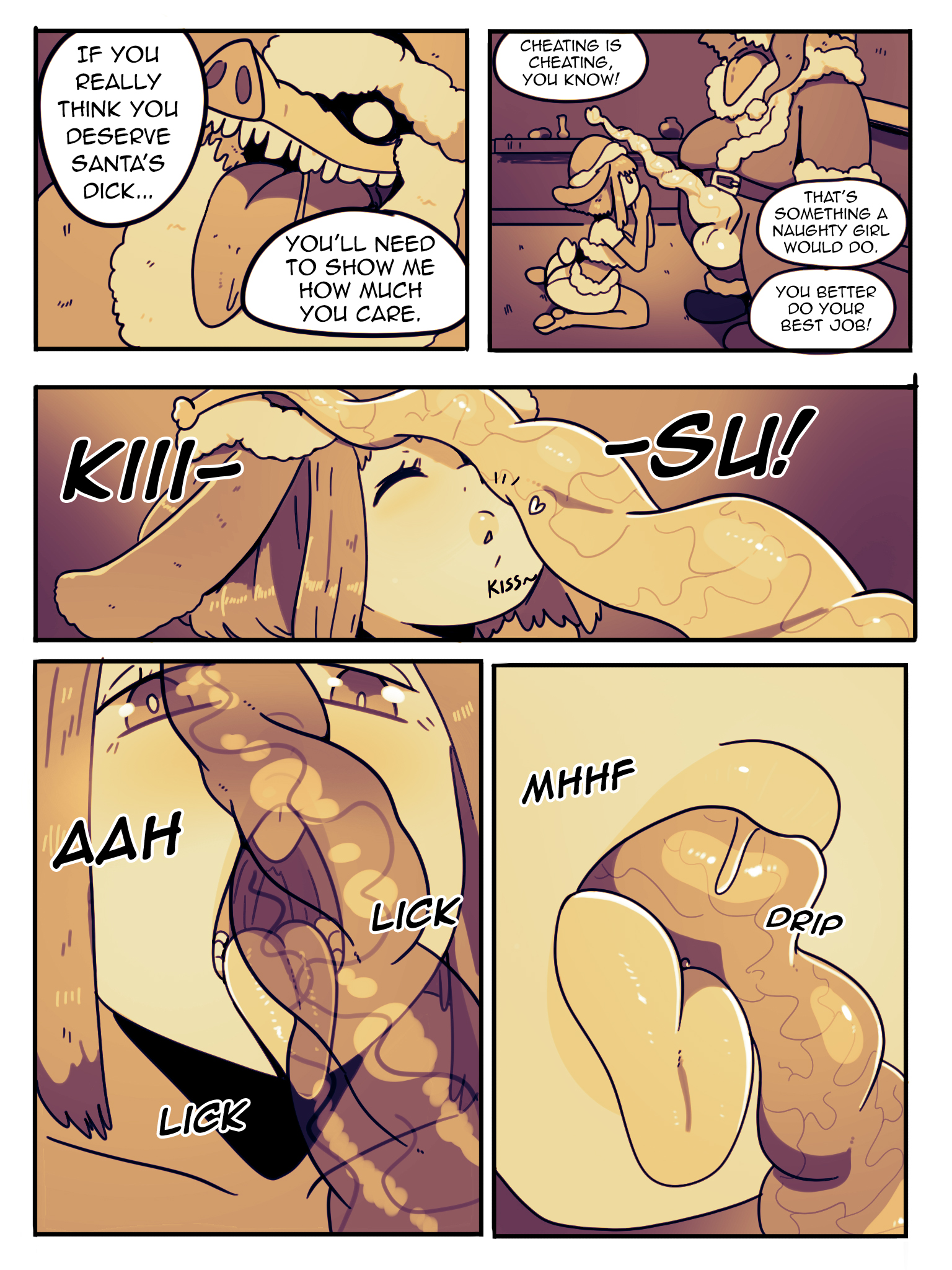 1boy, 1girls, 2021, animal penis, anthro, blush, christmas, comic, cuckold, dialogue, fellatio, female, huge cock, licking penis, looking at penis, male, netorare, oral, original, original character, penis, penis awe, penis on face, pig penis, porcine, porcine penis, santa hat, sunny (wolfgang bang), text, wolfgang bang