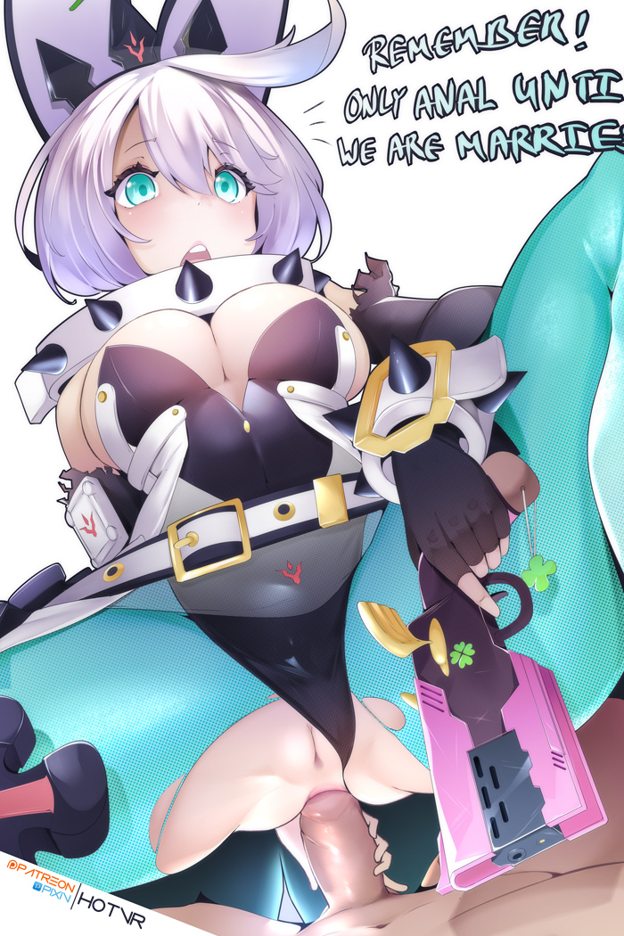 1boy, 1girls, anal, anal addiction, anal insertion, anal only, anal only lifestyle, anal penetration, anal sex, ass, breasts, clothed female nude male, cowgirl position, elphelt valentine, english text, female, female focus, female penetrated, guilty gear, guilty gear xrd, gun, hotvr, leotard, leotard aside, looking pleasured, male, male penetrating, male penetrating female, male/female, penis, penis in ass, pleasured, pov, pussy, ripped clothing, sex, text, thick thighs, thighs, uncensored