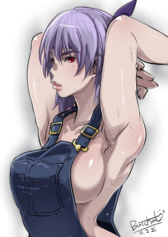 1girls 2015 armpits arms_up ayane_(doa) bare_shoulders big_breasts breasts busty butcha-u dead_or_alive eroquis female female_focus female_only hourglass_figure naked_overalls overalls pinup pinup_pose puffy_lips purple_hair red_eyes short_hair sideboob solo standing sweat tagme tecmo wide_hips