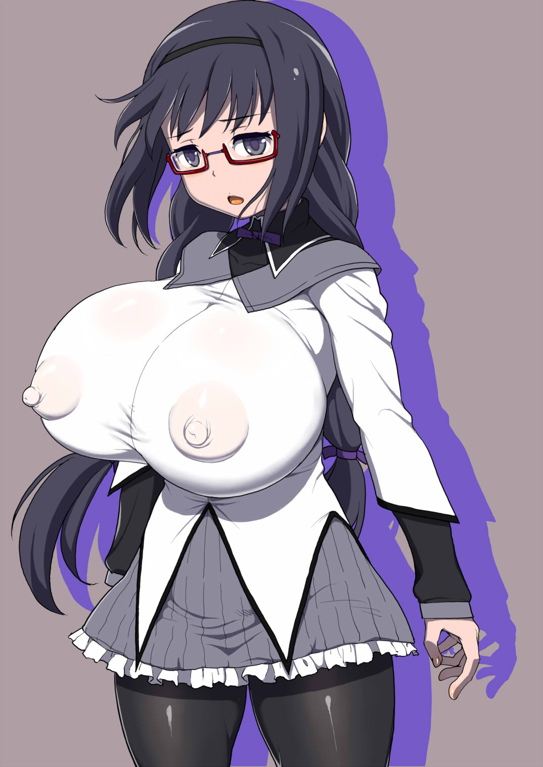 akemi_homura black_hair dress erect_nipples erect_nipples_under_clothes female glasses grey_eyes headband huge_breasts mahou_shoujo_madoka_magica nude oomaeda open_mouth pantyhose red_glasses see-through solo thick_thighs thin_waist wide_hips