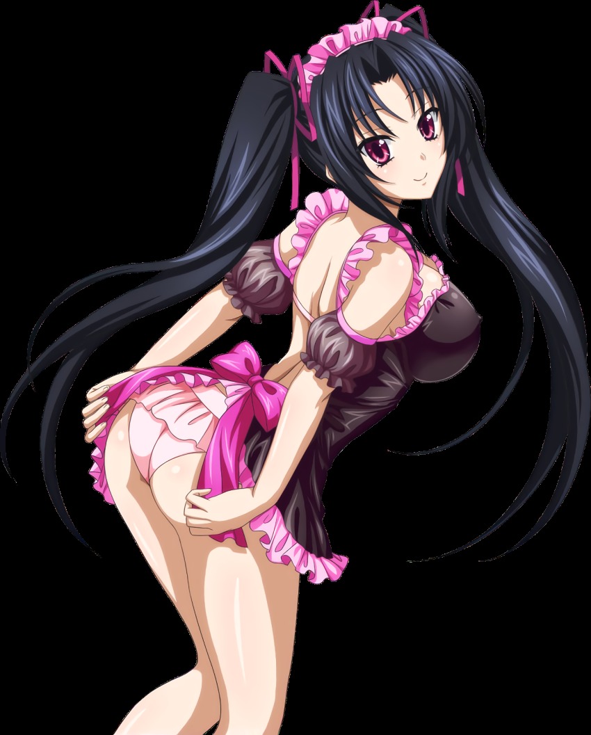 10s, ass, backless dress, backless outfit, black dress, black hair, breasts, covered erect nipples, dress, female, floating hair, hair ribbon, hairband, headdress, high school dxd, highres, large breasts, leaning forward, long hair, looking at viewer, looking back, panties, pink hairband, pink panties, purple ribbon, red eyes, ribbon, serafall leviathan, shiny, shiny skin, smile, solo, transparent background, twintails, underwear, very long hair