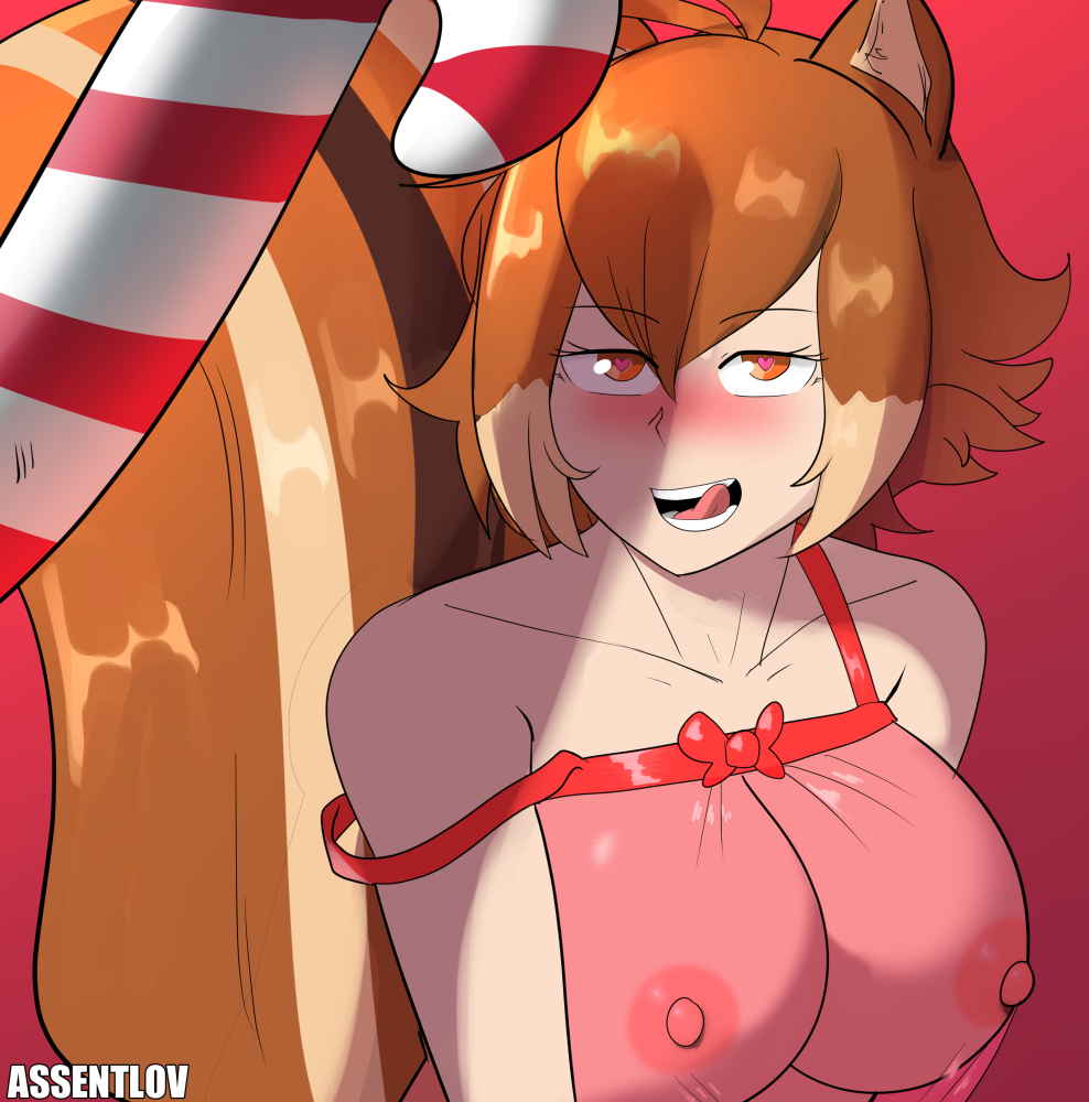 2021 ahoge animal_ears arc_system_works assentlov blazblue blush brown_hair christmas female_only heart-shaped_pupils large_breasts licking_lips lingerie makoto_nanaya short_hair squirrel_ears squirrel_humanoid squirrel_tail tail