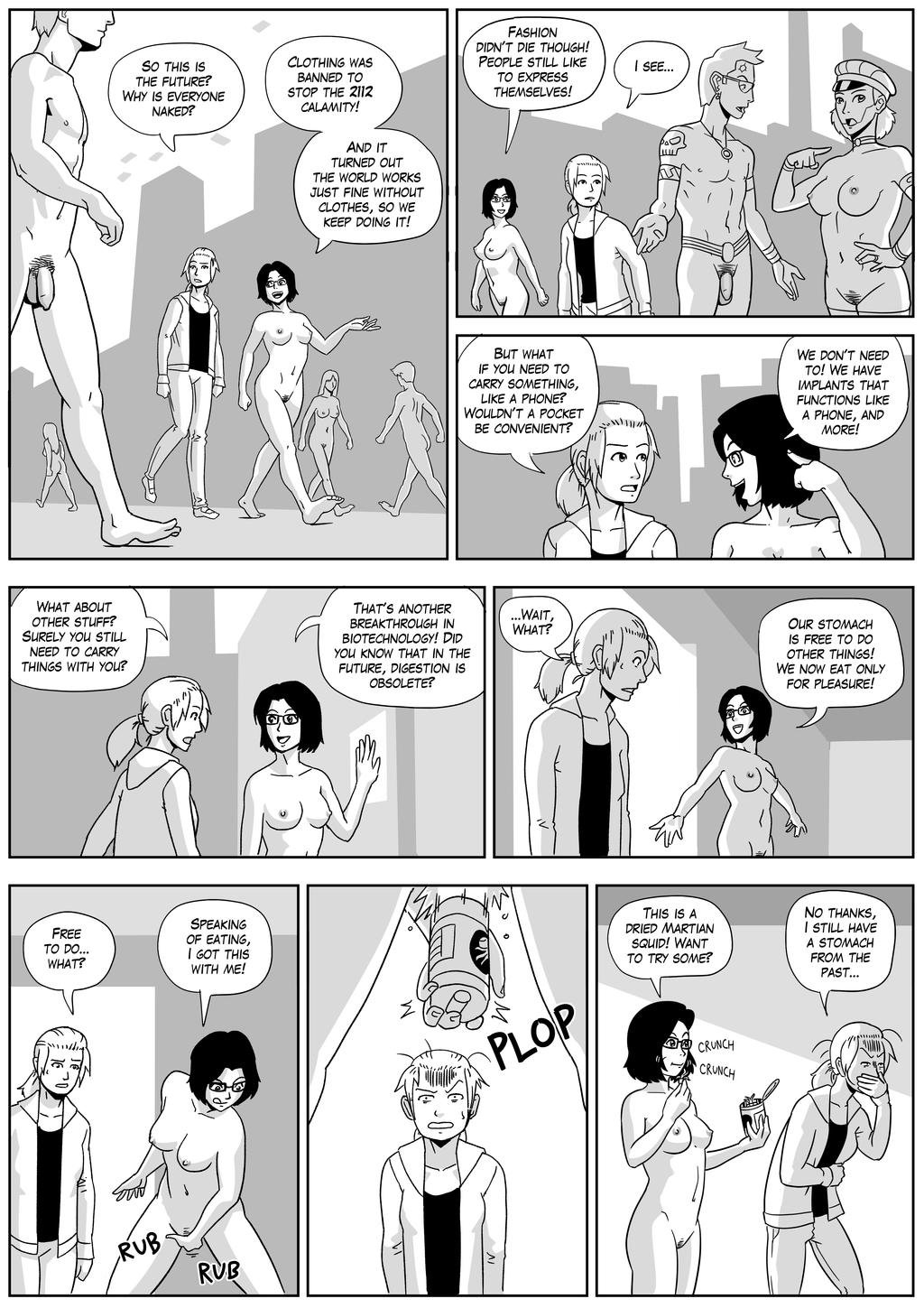 2girls ass barefoot breasts casual casual_nudity cavity_storage clothed_female clothed_female_nude_female clothed_female_nude_male comic embarrassed flaccid flaccid_penis future kraigla medium_breasts monochrome nipples nude_female object_insertion penis public public_nudity pussy speech_bubble text time_travel vaginal_storage