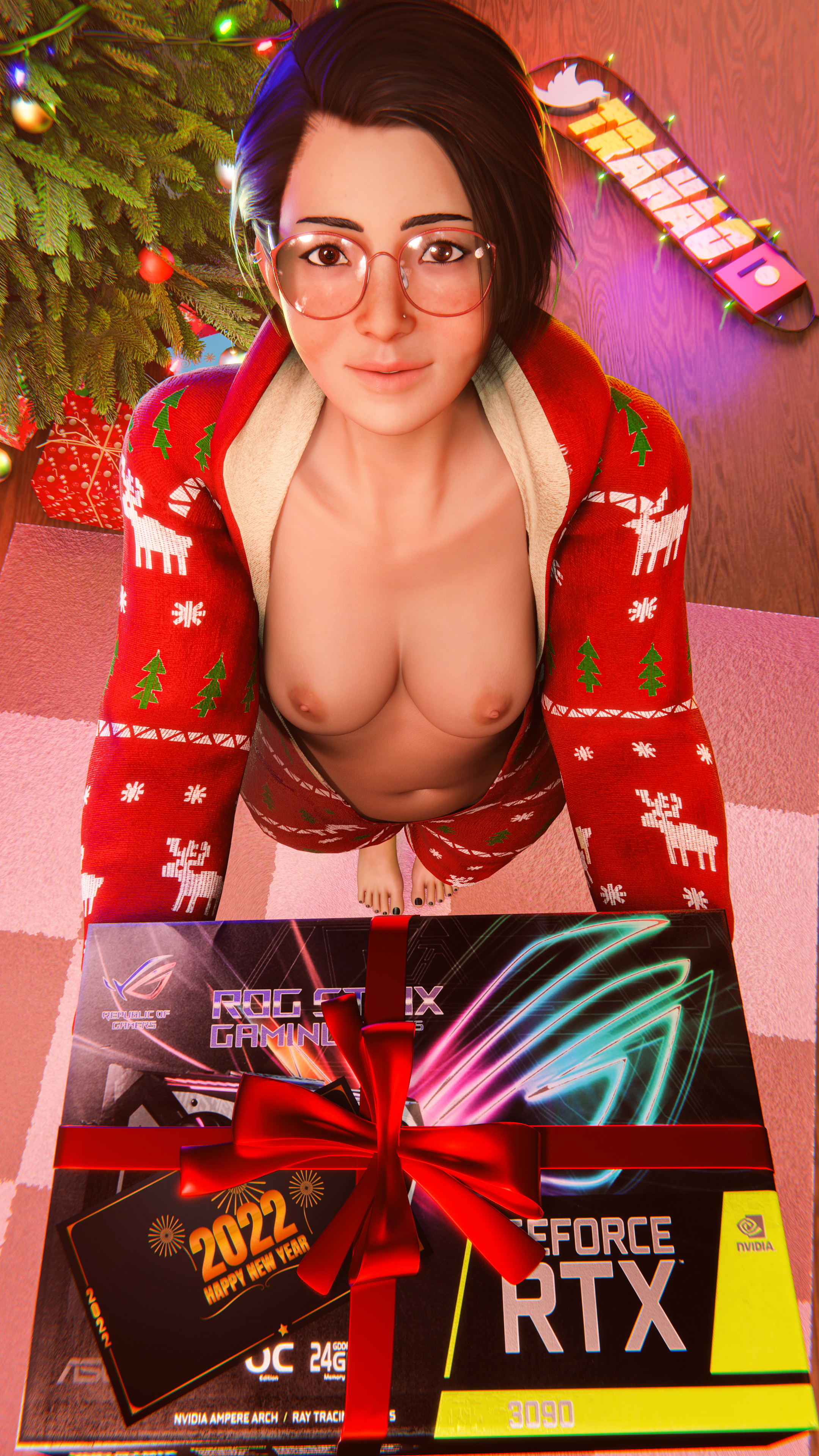 1girls, 3d, alex chen, asian, asian female, black hair, breasts, breasts out, brown eyes, christmas, christmas present, christmas tree, female, female only, glasses, life is strange, life is strange: true colors, looking at viewer, looking up, nipples, smile, solo, trahao