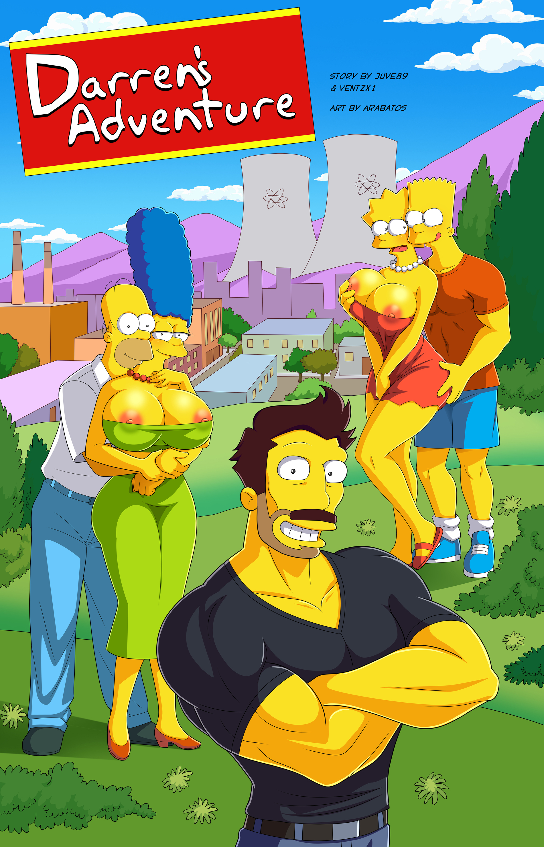 20th century studios, accurate art style, aged up, alternate ass size, alternate breast size, alternate version available, arabatos, ass, ass grab, bart simpson, big ass, big breasts, blue hair, blush, breast grab, breasts, brother and sister, cleavage, comic, darren (arabatos), dress, female, glistening arms, glistening nipples, glistening skin, grope, groping ass, groping breasts, groping from behind, homer simpson, huge breasts, husband and wife, imminent sex, incest, lisa simpson, looking at each other, looking at viewer, male, marge simpson, muscular, muscular male, nipple slip, no bra, outdoors, pearl necklace, round ass, seductive look, seductive smile, shiny areola, shiny breasts, shiny hair, short skirt, the simpsons, thick thighs, tongue, tongue out, yellow body, yellow skin, yellow yellow dress, yellow-skinned female, yellow-skinned male