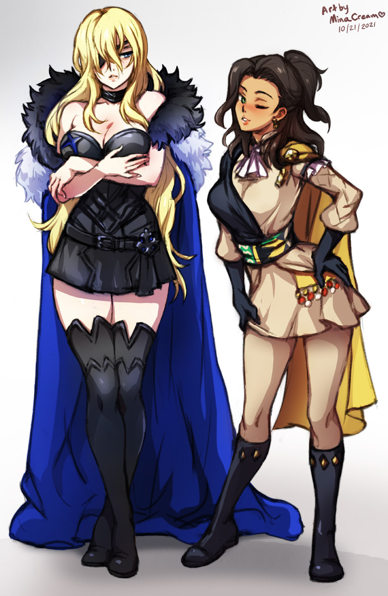 2021, 2girls, artist name, bare shoulders, bare thighs, belt, blonde hair, blue eyes, boots, breasts, brown hair, cape, choker, claude von riegan, cleavage, coat, collarbone, commentary, crossed arms, dimitri alexandre blaiddyd, dress, earrings, elbow gloves, english commentary, eye patch, eyepatch, female, female only, fire emblem, fire emblem: three houses, full body, genderswap, genderswap (mtf), gloves, green eyes, grey background, hair over one eye, hand on own hip, highres, jewelry, knee boots, long hair, looking at viewer, medium breasts, medium hair, minacream, multiple females, multiple girls, nintendo, one eye closed, ponytail, rule 63, simple background, smile, standing, thigh boots, thighs, very long hair, wink