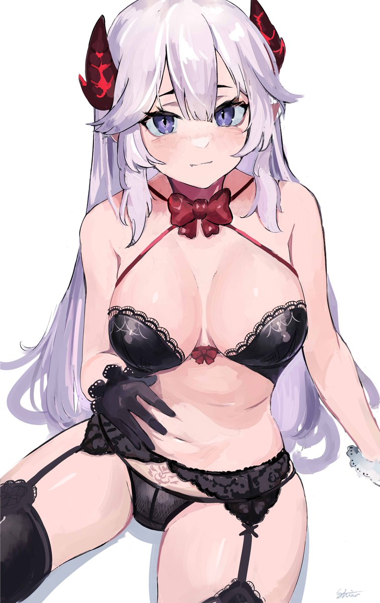 black bra, black legwear, black panties, black stockings, black underwear, blue eyes, demon, gloves, lingerie, long hair, red bow, red horns, succubus, veibae, virtual youtuber, vshojo, white hair