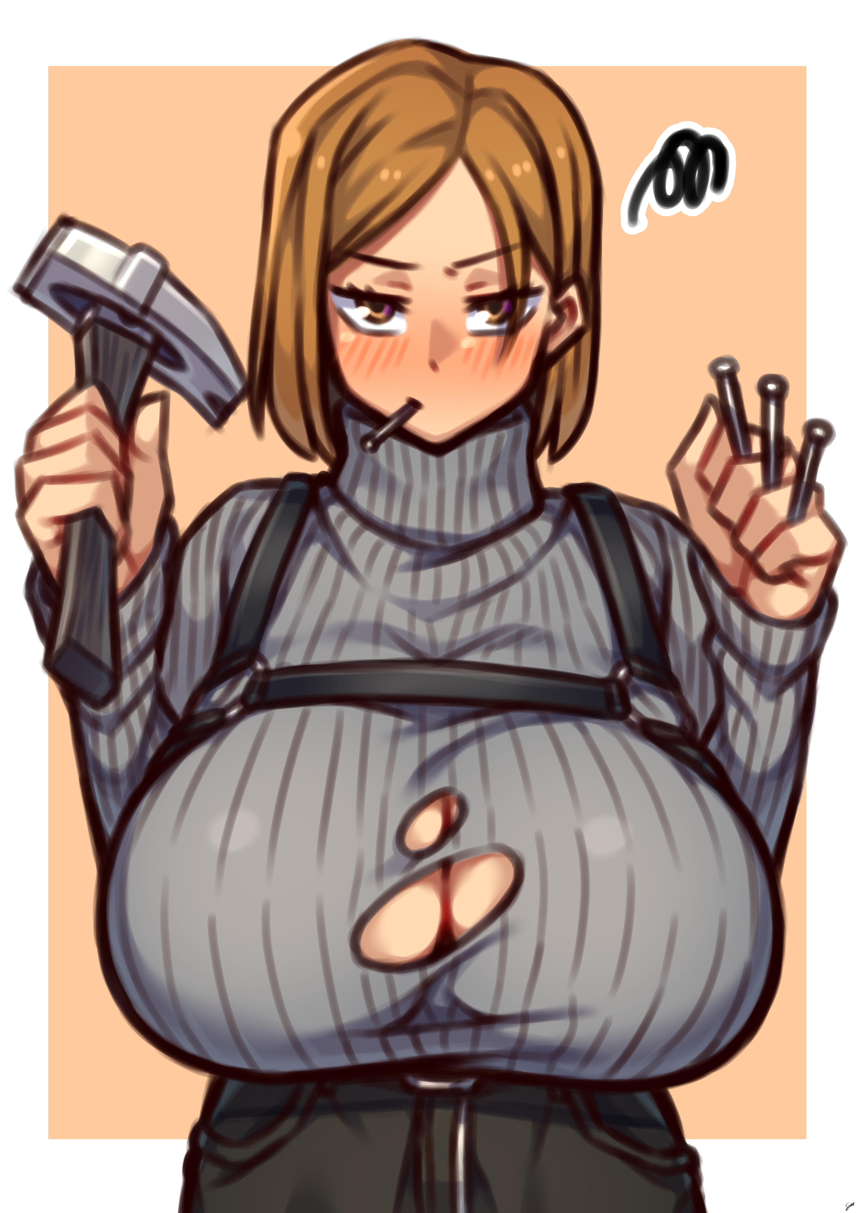 1girls, absurdres, big breasts, blush, breasts, brown hair, brown-haired female, cleavage, coffeelove68, exposed breasts, female, female only, highres, huge breasts, jujutsu kaisen, kugisaki nobara, ripped clothing, solo, sweater, turtleneck