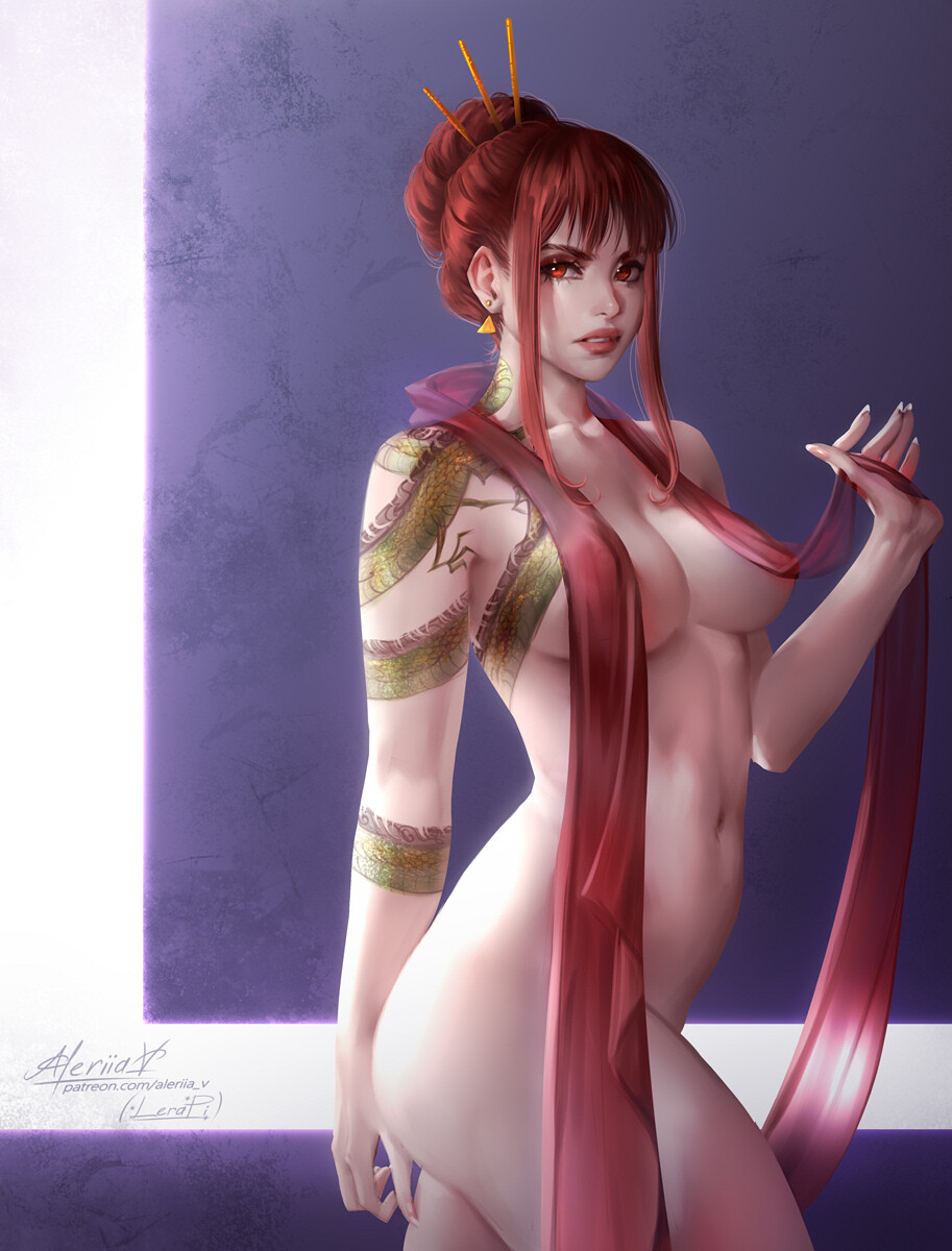 1girls aleriia_v artist_signature ass belly_button breasts earrings female female_only hair_bun lerapi lips lipstick looking_at_viewer original original_character pale-skinned_female red_eyes red_hair scarf sticks_in_hair sura_(character) tattoo