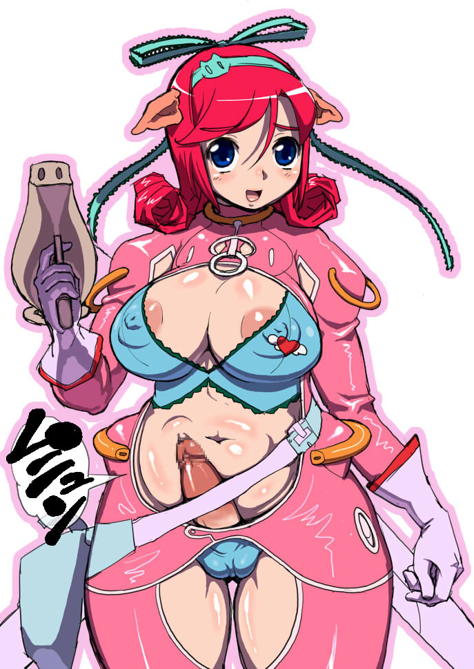 1futa areolae balls big_breasts blue_eyes breasts clothed clothing curled_hair erect_nipples_under_clothes erection futa_only futanari gloves huge_breasts human light-skinned_futanari light_skin muchi_muchi_pork oomaeda open_mouth pale_skin partially_clothed penis pig_ears pig_girl red_hair solo standing white_gloves