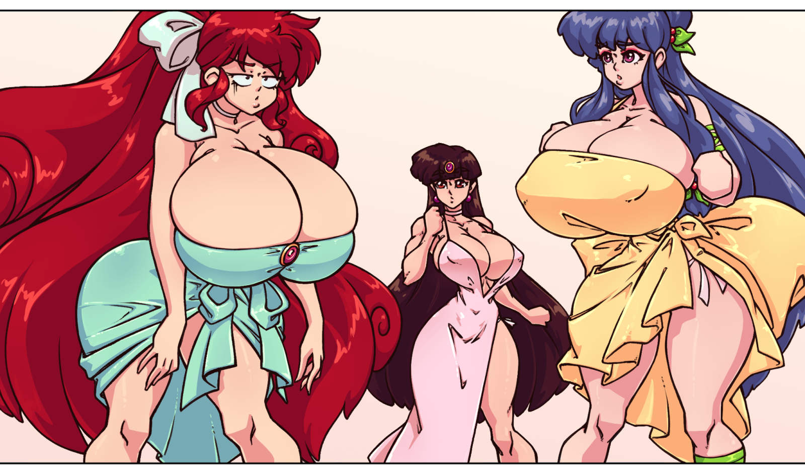 2021, 3girls, alternate breast size, amazon, black hair, bow, breasts, cleavage, clothing, color, dress, dress up, female, female only, gigantic breasts, huge breasts, large breasts, long hair, multiple females, multiple girls, n647, nipple bulge, purple hair, ranma 1/2, ranma saotome, ranma-chan, red hair, scene interpretation, shampoo (ranma 1/2), size difference, tagme, thick thighs, thin waist, ukyo kuonji, voluptuous