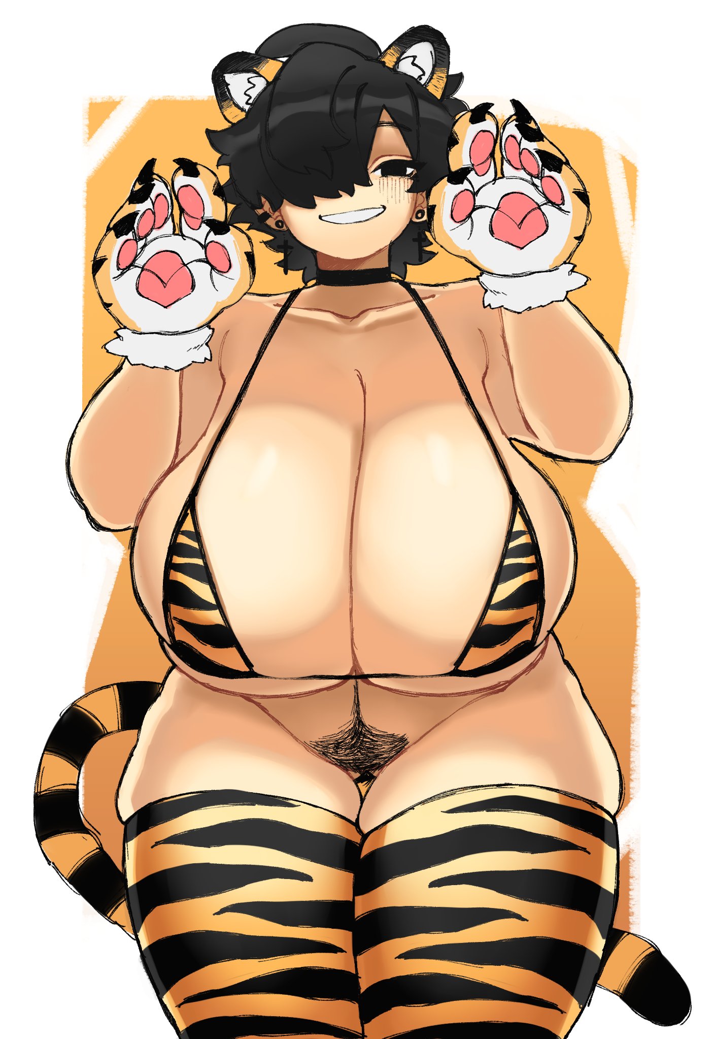 big breasts, bikini, black hair, bottomless, breasts, cat paws, chubby, cleavage, female, happy trail, huge breasts, large breasts, looking at viewer, magnolia (mctamagomaki), mctamagomaki, pubes, pubic hair, skimpy, skimpy bikini, skimpy clothes, skimpy outfit, smiling, smiling at viewer, stockings, tiger stripes, treasure trail, venus body, white skin