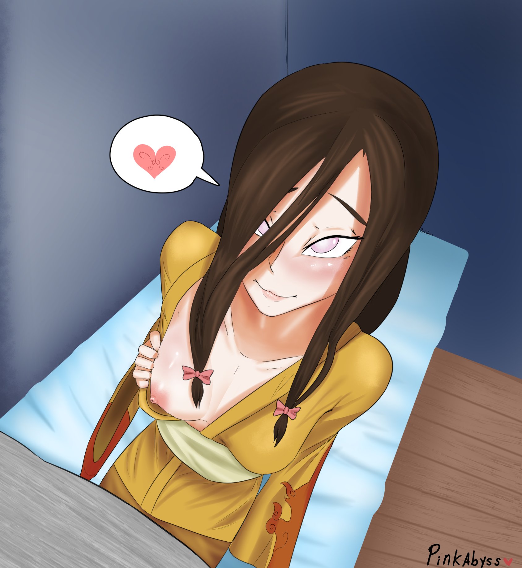 1girls, areolae, asian clothing, bed, bedroom, blush, breasts, breasts out, brown hair, clothed, clothing, dark hair, erect nipples, female, female focus, female only, hair ribbon, hyuuga hanabi, indoors, large areolae, light eyes, light skin, light-skinned female, lips, lipstick, long hair, naruto, naruto (series), naruto shippuden, naruto: the last, nipples, no bra, on bed, pale skin, pale-skinned female, perky breasts, pink abyss, pink lips, pink lipstick, pink nipples, presenting breasts, purple eyes, ribbon, ribbons, shounen jump, small breasts, smile, smiling, solo, straight hair, undressing, white eyes, yukata