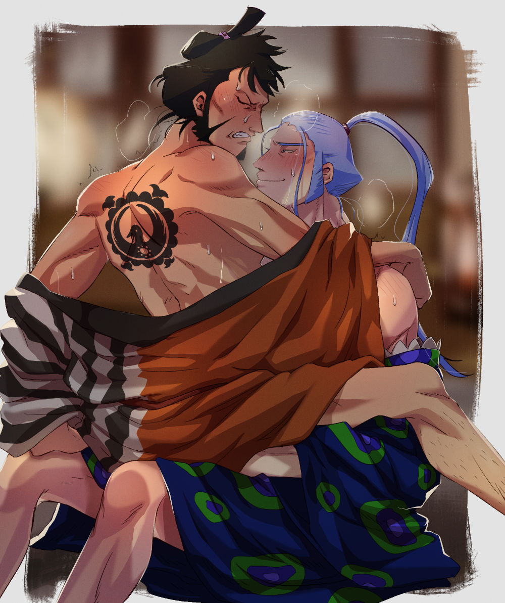 2boys back_tattoo beard black_hair blue_hair blush breath chonmage clothed_sex denjirou_(one_piece) facial_hair feet_out_of_frame gay happy_sex implied_anal implied_sex japanese_clothes kimono kin'emon kinemon long_sideburns male male/male male_focus male_only multiple_boys naked_kimono one_piece open_clothes open_kimono ponytail short_hair sideburns smile sweat tattoo tied_hair toned toned_male yaoi zaoanjisi