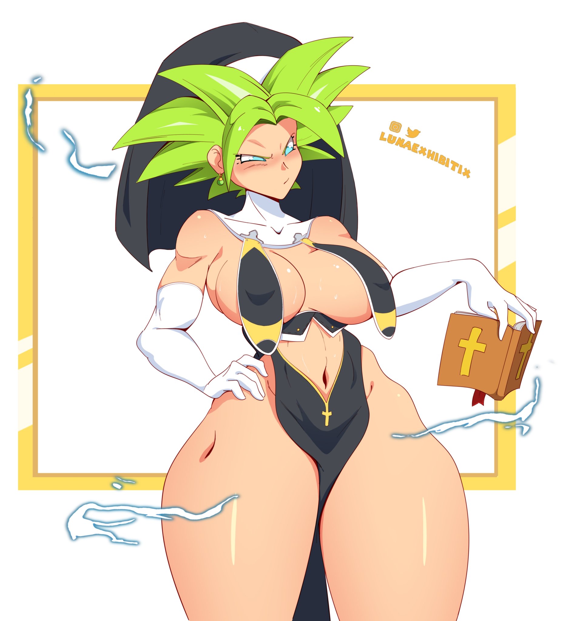 1girls, angry, angry face, bible (object), blue eyes, blush, breasts, dragon ball, dragon ball super, elbow gloves, female, female focus, female only, fusion, gloves, green hair, kefla, large breasts, legendary super saiyan, lunaexhabbitix, medium breasts, nun, nun outfit, nun's habit, potara earrings, potara fusion, puffy nipples, saiyan, simple background, skimpy clothes, solo, solo female, solo focus, super saiyan, super saiyan 2, thick thighs, thighs, voluptuous, white background