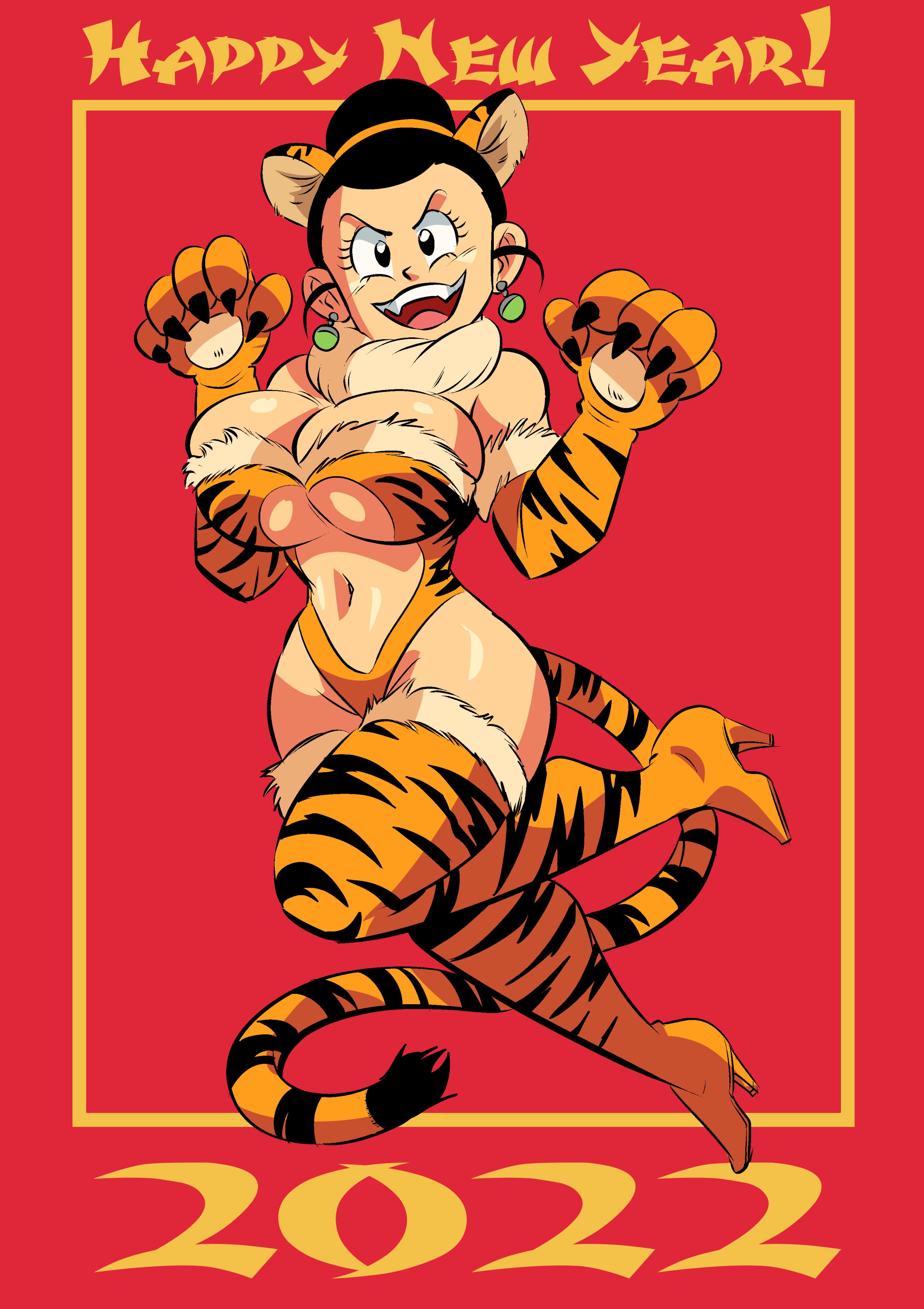 1girls, 2022, big breasts, black eyes, black hair, boots, breasts, busty, cat ears, cat paws, chichi, color, colored, dragon ball, dragon ball super, dragon ball z, earrings, fangs, female, female only, funsexydragonball, hairbun, high heels, open mouth, smile, solo, tail, thick thighs, thighhighs, tiger print, tongue, year of the tiger