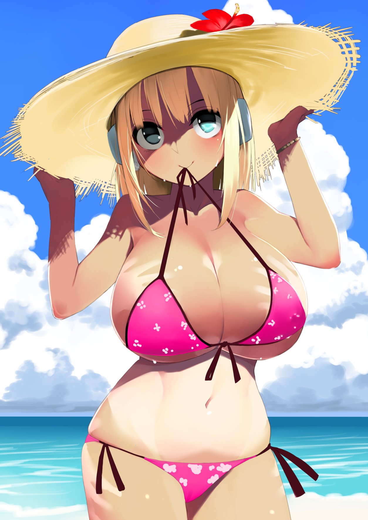 beach bikini blonde_hair blue_eyes blush bracelet breasts cleavage cloud day female flower front-tie_top gen_(black_factory) hands_on_headwear hat hat_flower hibiscus highres huge_breasts jewelry looking_at_viewer mouth_hold navel ocean original outdoors pink_bikini short_hair side-tie_bikini sky smile solo straw_hat sun_hat swimsuit tan tanlines