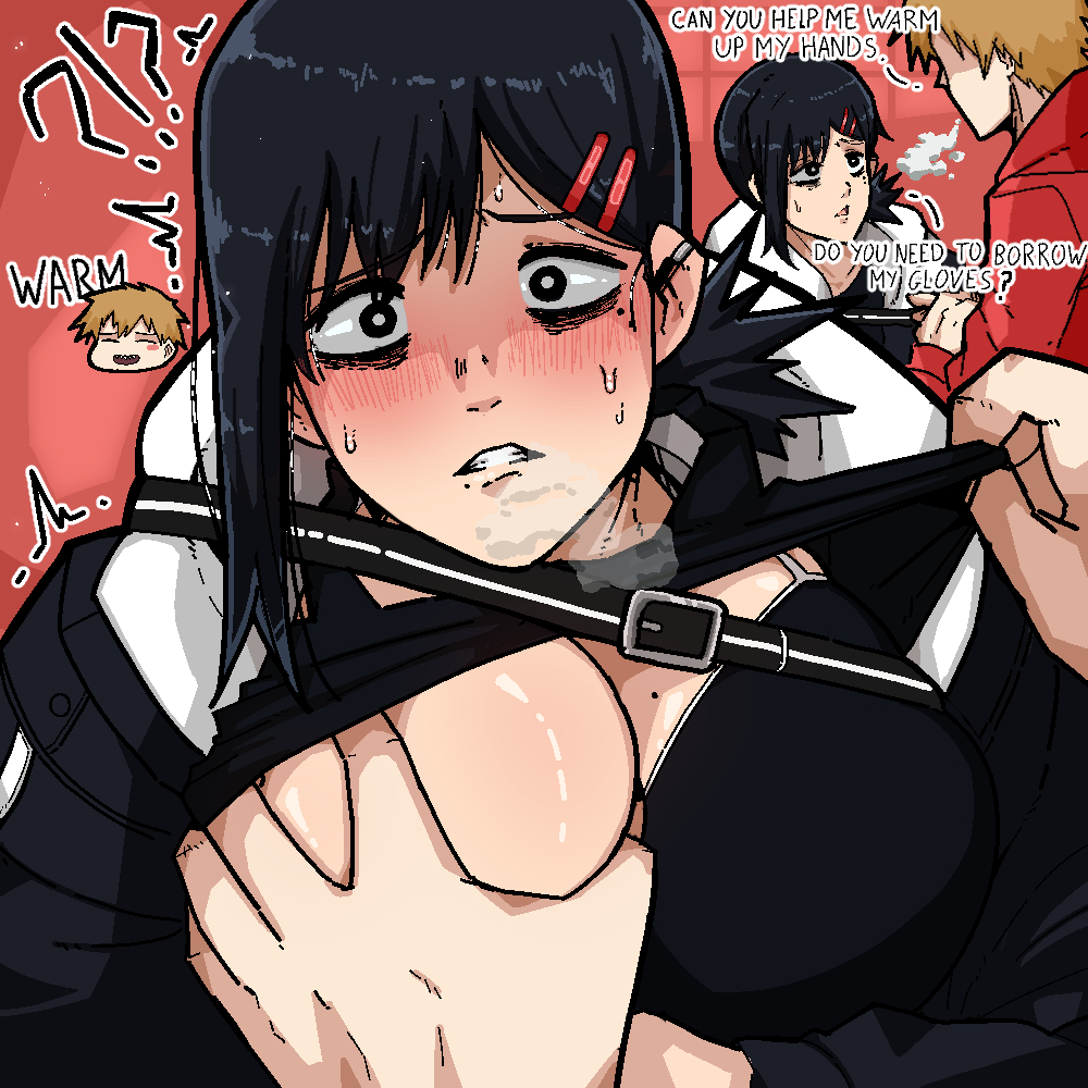 1boy, 1girls, black hair, black-haired female, blonde hair, blonde-haired male, blush, bra lift, breasts, chainsaw man, denji (chainsaw man), female, grabbing breasts, groping, groping breasts, higashiyama kobeni, looking at viewer, male, mark gavatino, medium breasts, piercing, pov, shirt lift, shocked, short hair, sweat, winter, worried